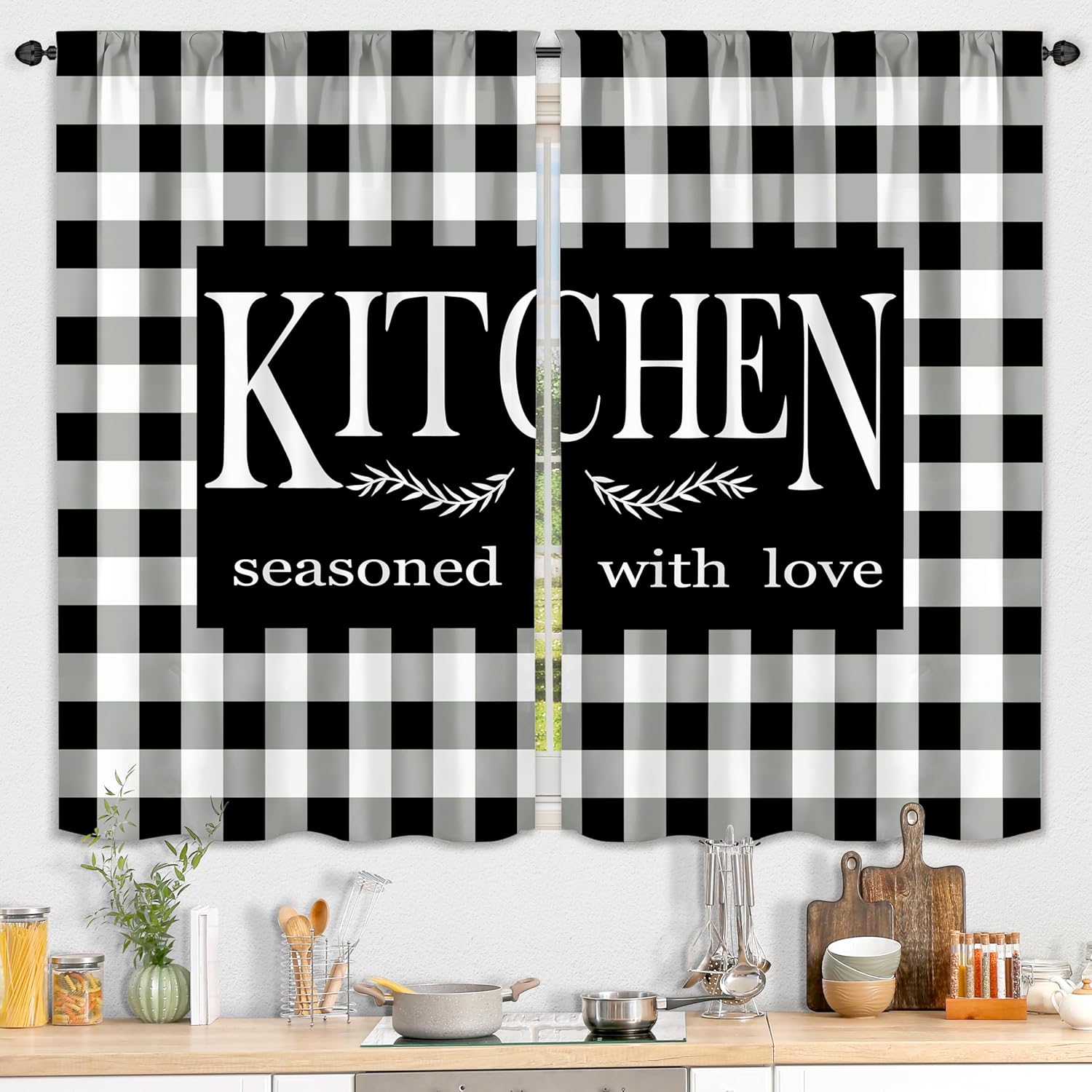 Qahing Black White Kitchen Curtains Buffalo Plaid Country