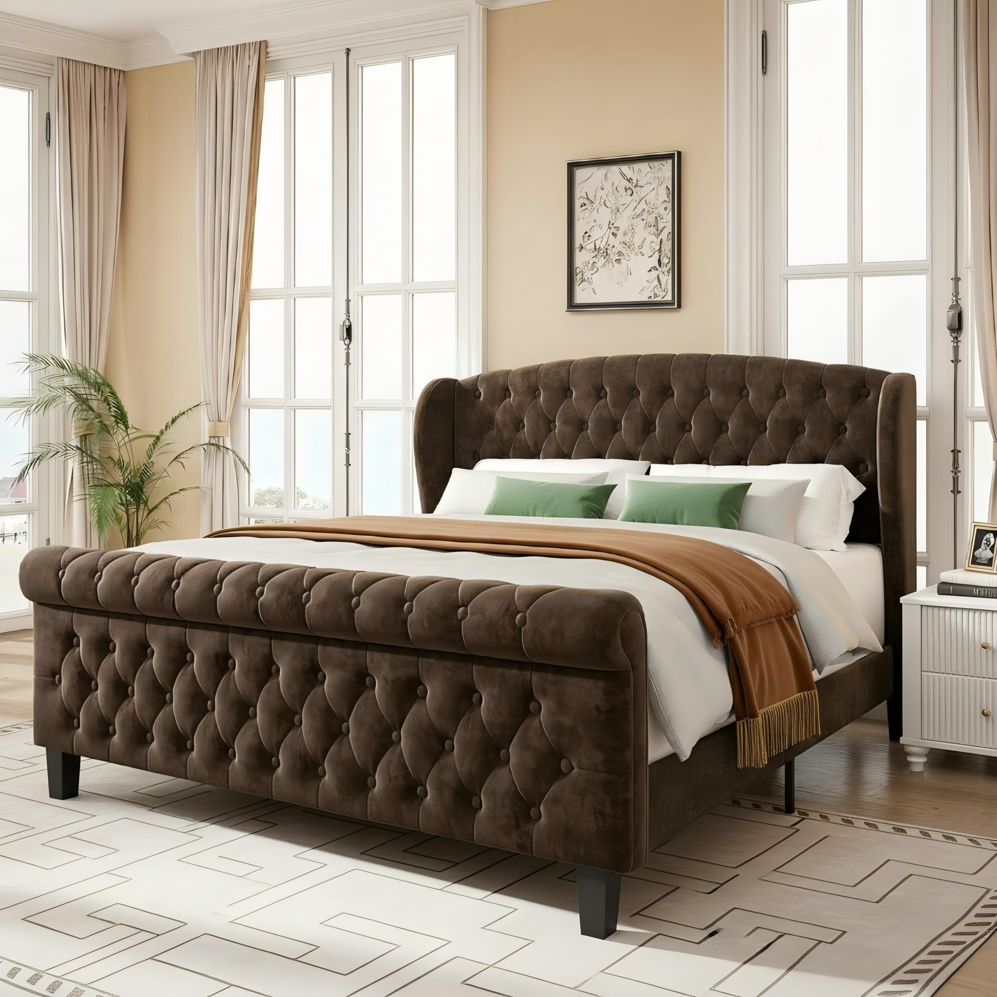 Susalt Queen Size Platform Bed Frame, Upholstered Sleigh Bed, Vintage Brown