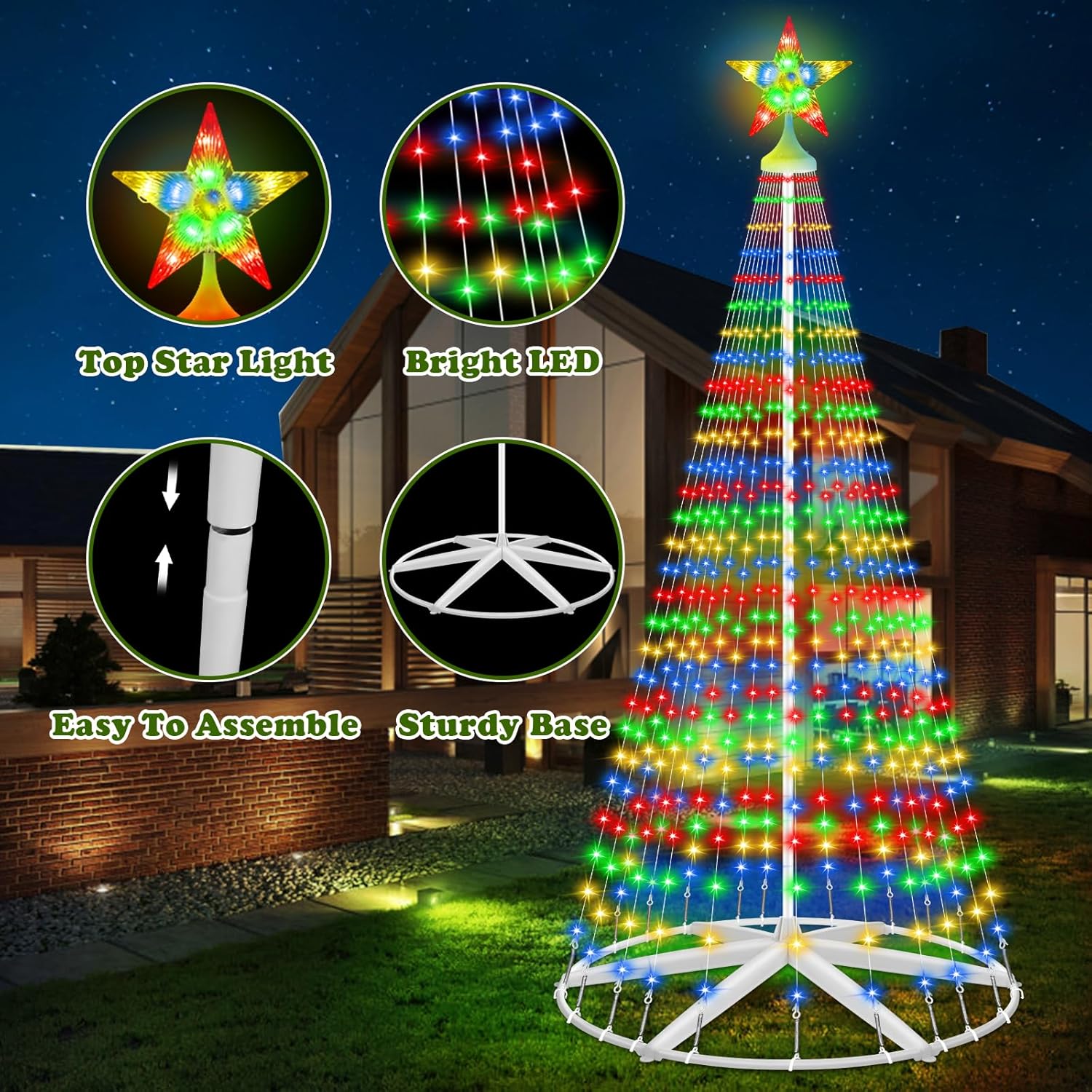 Close-up of the star topper, bright LED lights, easy assembly mechanism, and sturdy base of the HELESIN LED Christmas Cone Tree Lights
