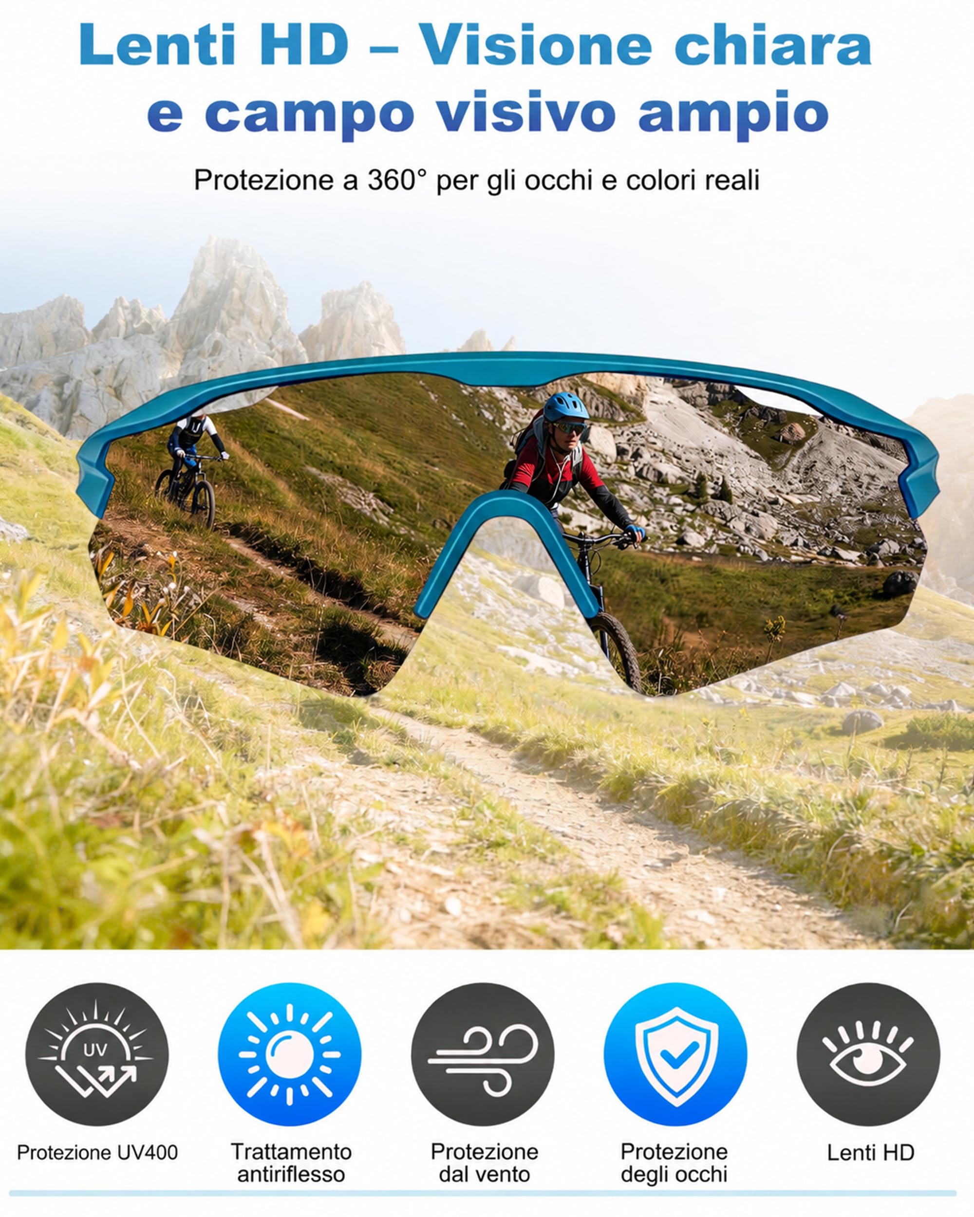 Occhiali Ciclismo Uomo Donna, Anti-UV400, Occhiali da Sole, Occhiali Running Sportivi TR90 Ultraleggeri 29g, Occhiali veloci Naselli e Aste Regolabili per MTB Bici Sport Outdoor