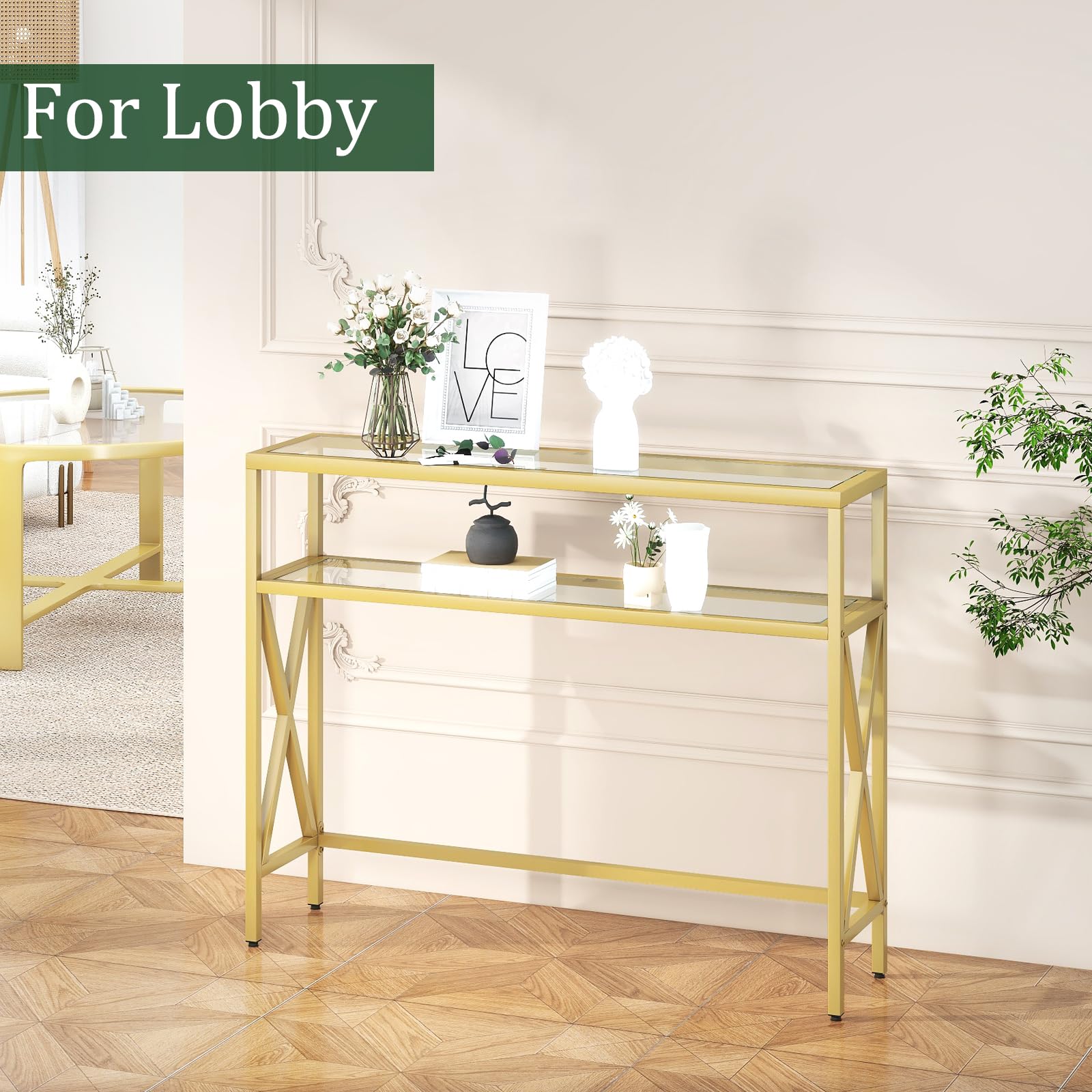 YMYNY Konsolentisch, Gehärtetes Glas Sofa Tisch, Industrieller Eingangstisch für Flur, Schmaler Sofastisch mit Regalen, Kompakter Anzeigetisch für kleine Räume, 101×25×80.5CM Golden HGD007G