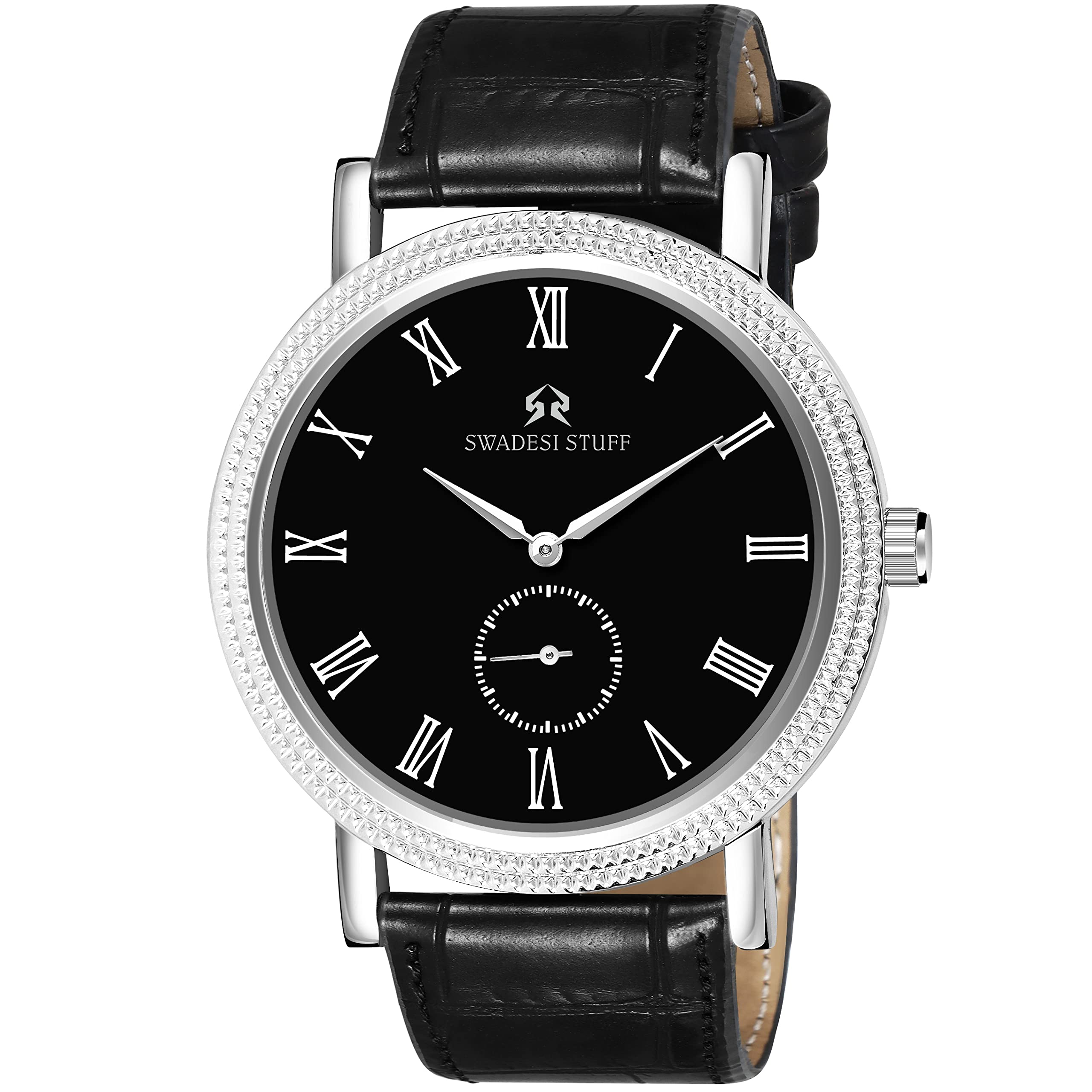 SWADESI STUFF Analog Working Chronograph Leather Strap Wrist Watch for Mens (Silver Black) (B0BWWFHQ14) Amazon Price History, Amazon Price Tracker