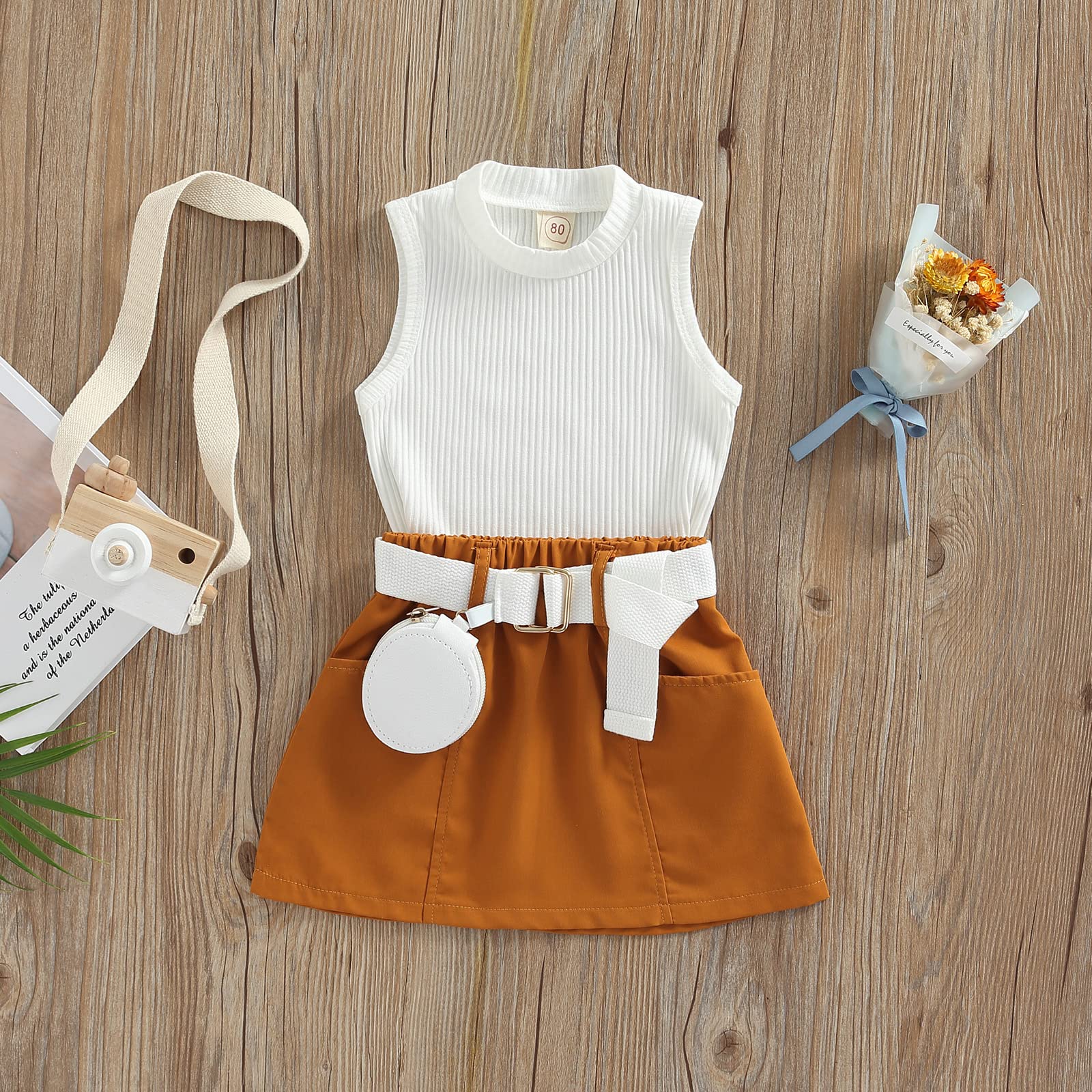 Toddler Baby Girls Summer Clothes Ribbed Sleeveless Knitted Tank Tops Mini Skirt Outfits Set with Belt Bag (White,1-2T)