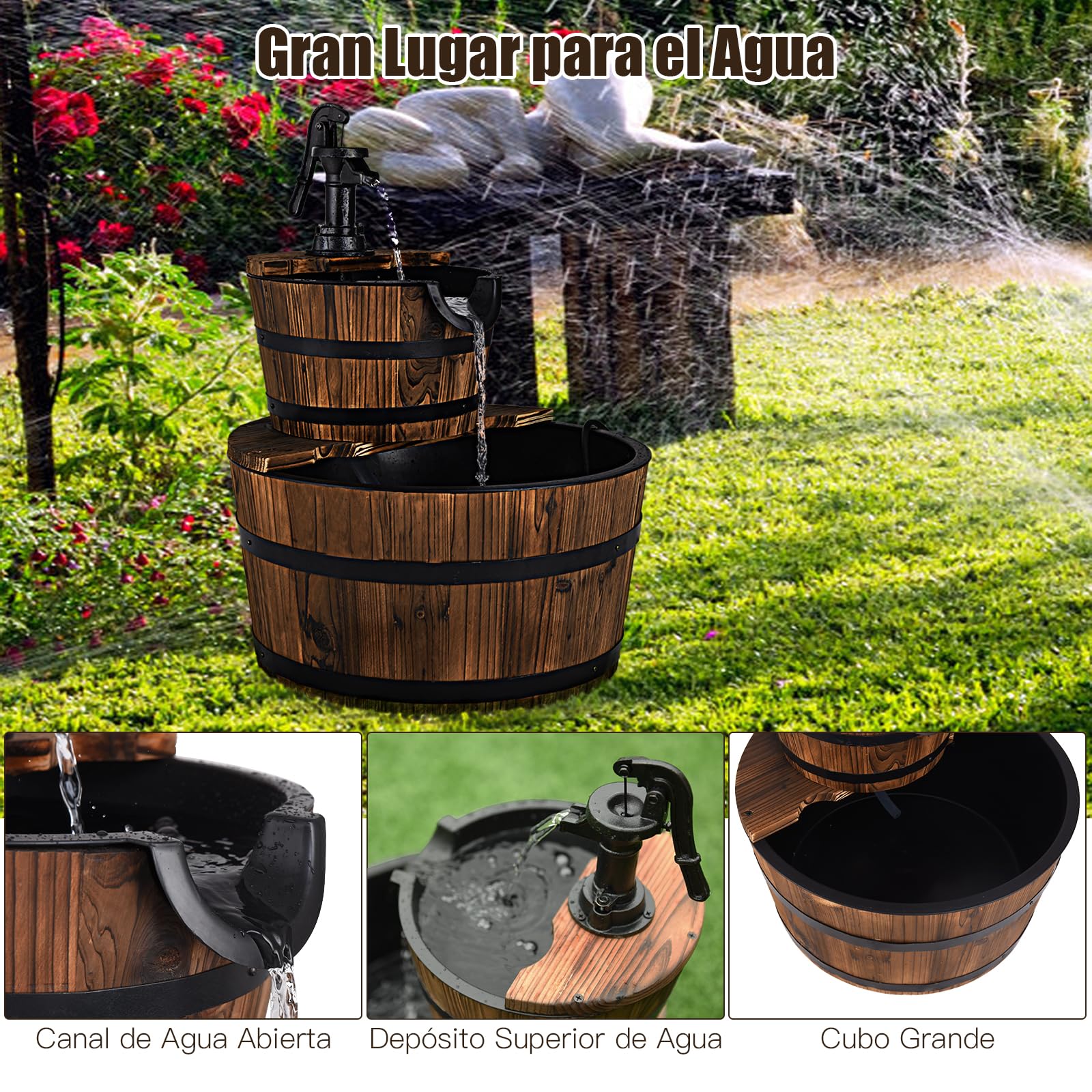 GOPLUS Fuente Jardín Exterior, Fuente Decorativa de 2 Niveles en Cascada de Madera de Abeto con Bomba 6W y Circulación del Agua, Decoración para Jardín, Terraza, Patio, 44,5 x 44,5 x 61cm