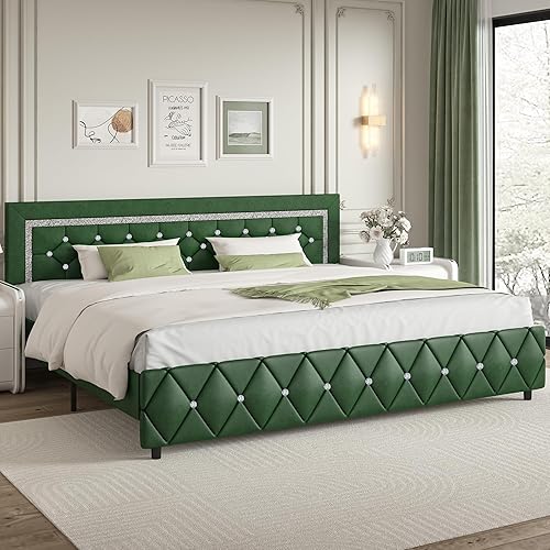 Miniatura 124 de BarnFurin - Base de cama matrimonial con cabecera capitoné, plataforma tapizada con diseño de diamante, base de colchón, soporte de listones de