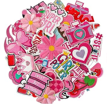 AXEN 32pcs Girls Pink Iron on Patches, Girl Power Themed Patches Embroidered Applique for Clothing, Jackets, Hats, Backpacks, Jeans