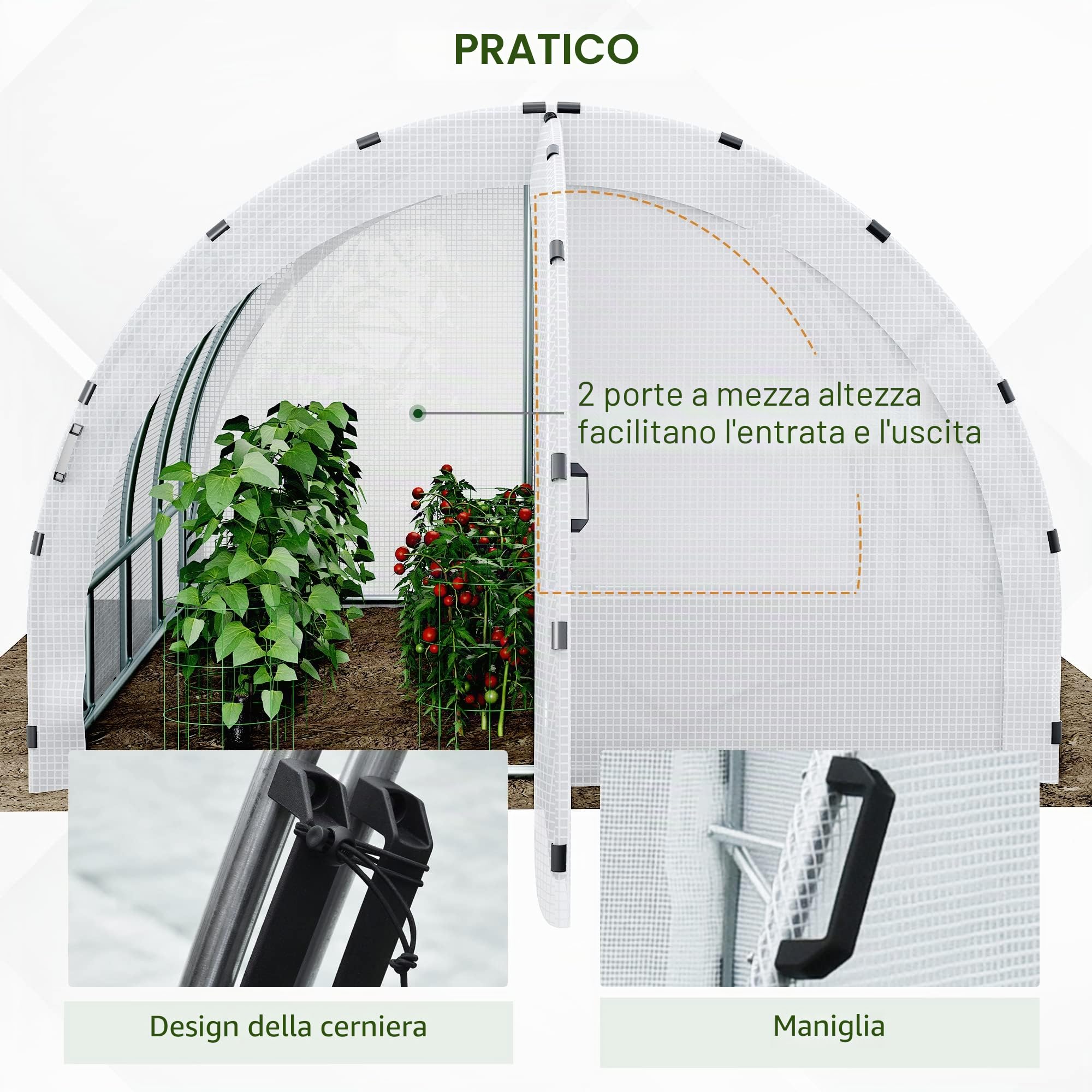 Outsunny Tunnel Giardino Serra Superficie 12 m² 4L x 3l x 2H m Telaio tubolare rinforzato 25 mm Doppia porta con maniglie Bianco