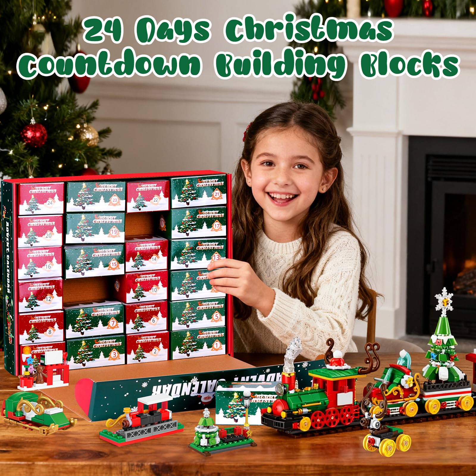 Calendrier De L'Avent 2025 Enfants - 701 Pièces Blocs De Construction - Sapin De Noël Rotatif Avec LED - 24 Boîtes