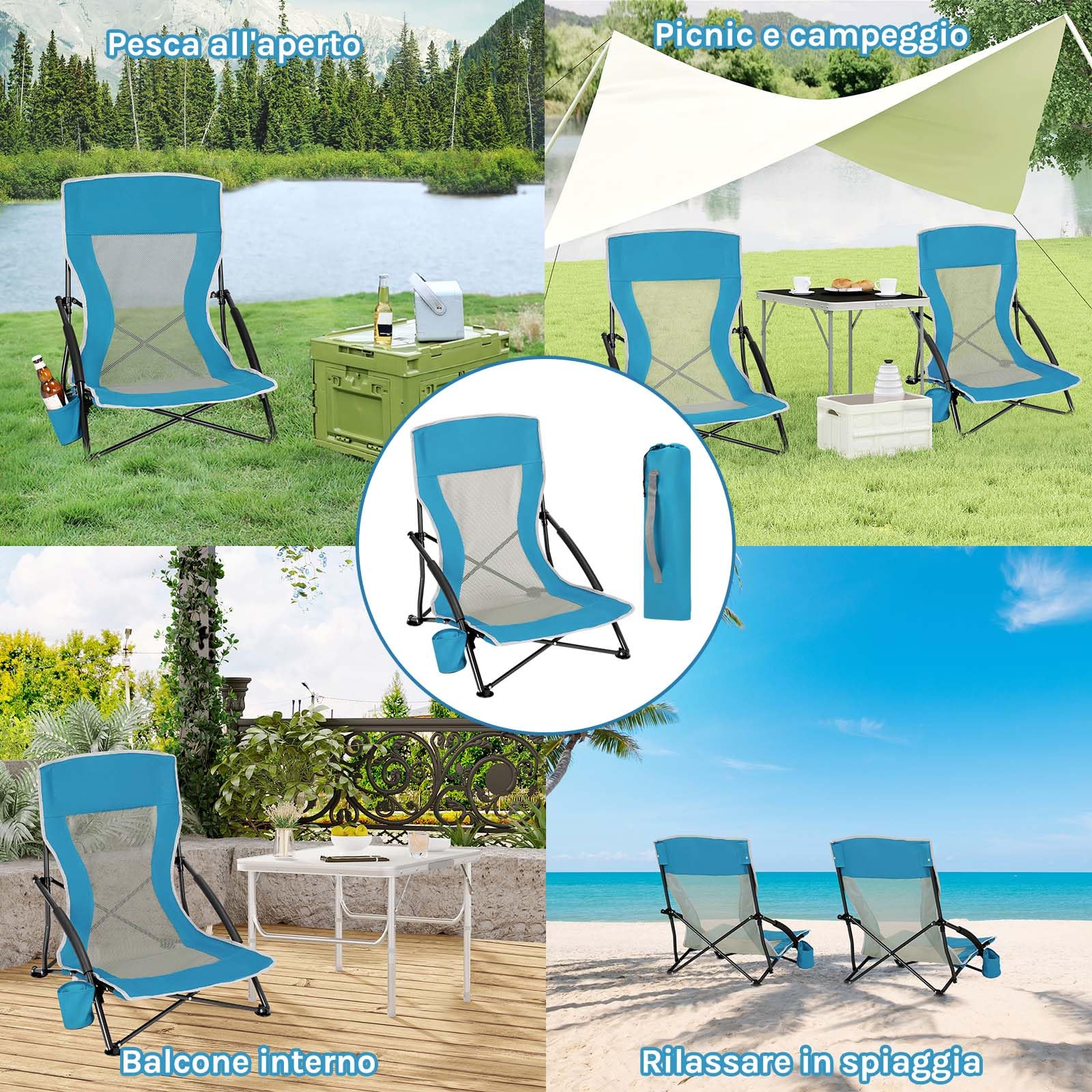 WOLTU Chaise de Plage Pliable, Lot de 2 Chaise Pliante Camping, Transat de Plage, Chaise de Pêche Portable, Fauteuil Pliant, avec Dossier en Maille, Porte-gobelet, Sac de Transport, Bleu