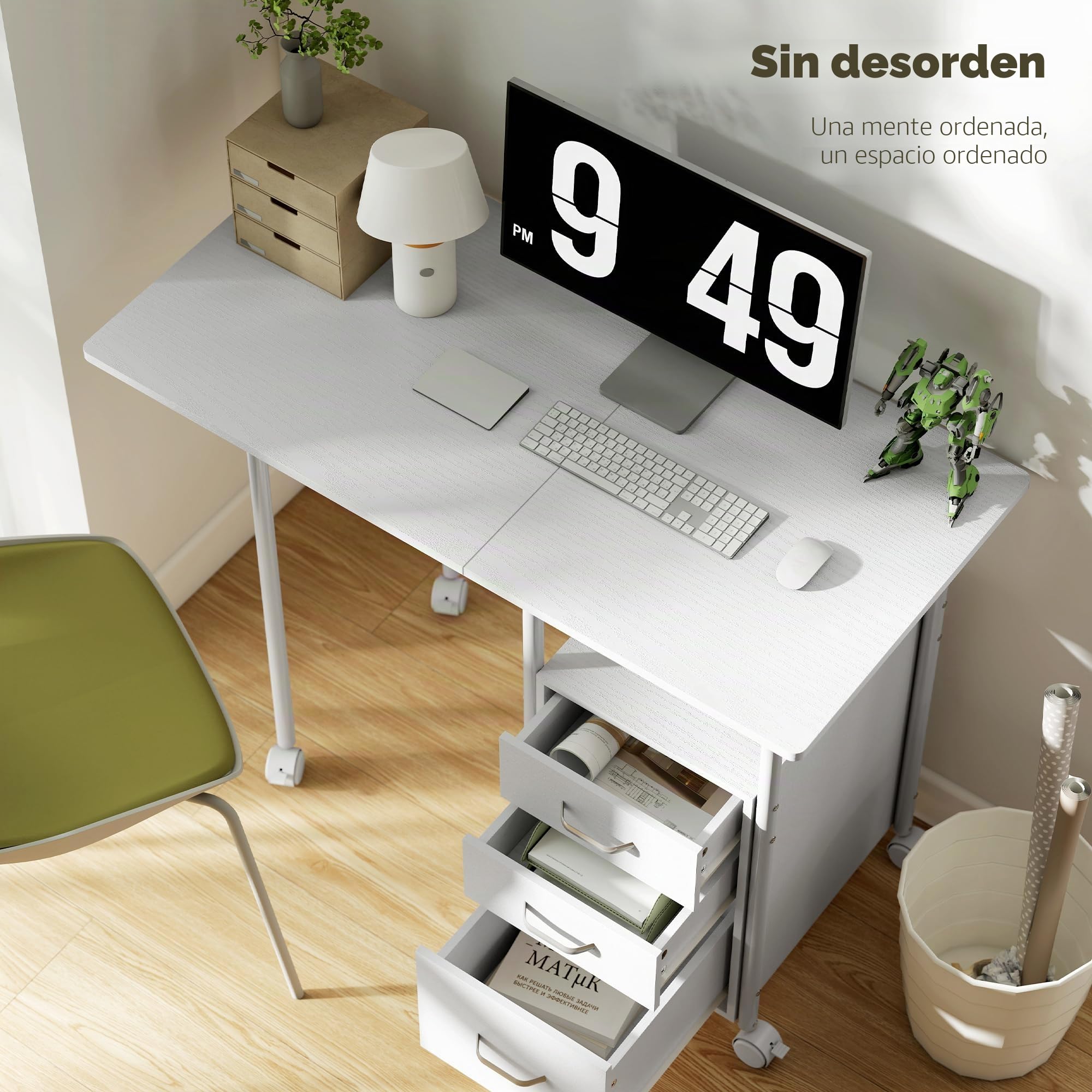 HOMCOM Escritorio Plegable con Ruedas y 3 cajones 105x51x75,5 cm Blanco | Escritorio para ordenador, sobre extensible, estructura de acero, para teletrabajo, dormitorio, estudio, estilo moderno.