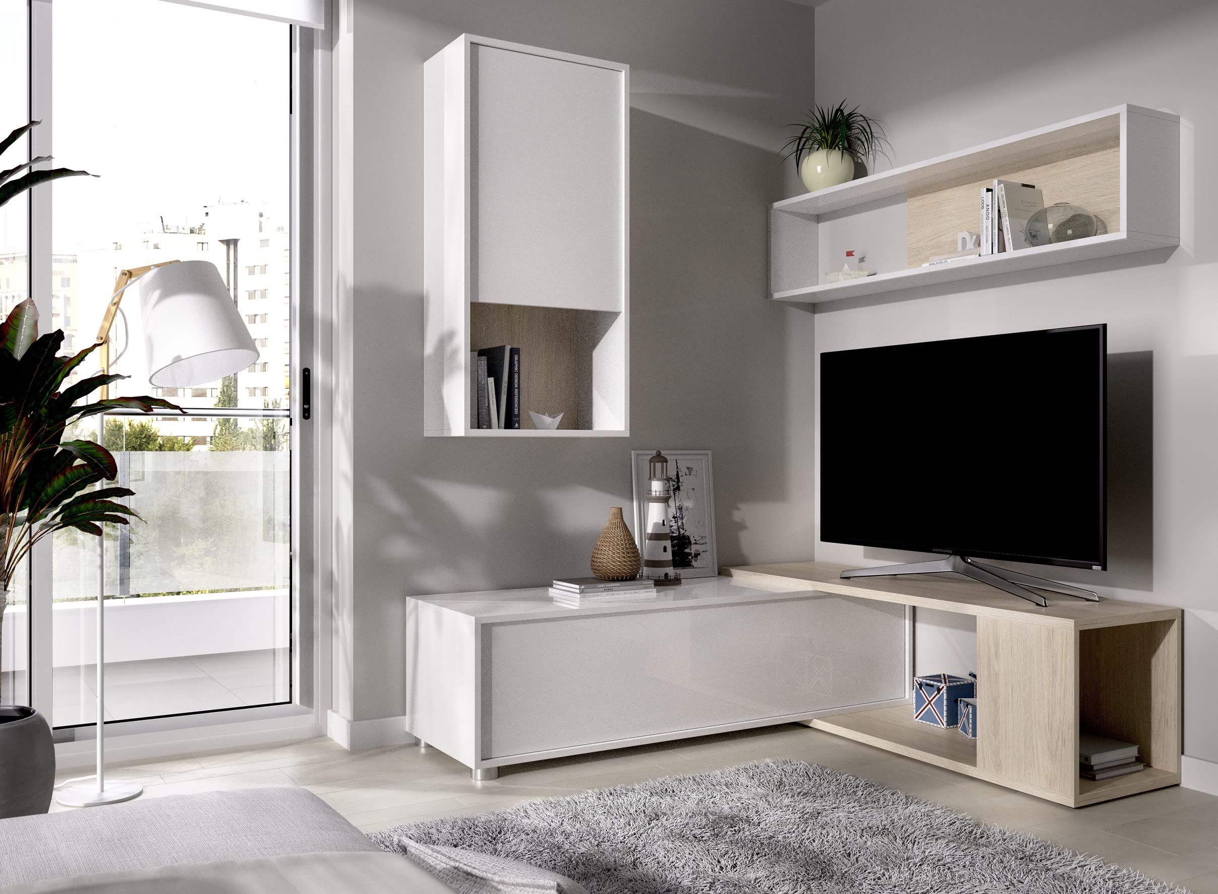 Parete attrezzata porta Tv 230 cm Luna Bianco lucido e Rovere Naturale - Bianco e Naturale