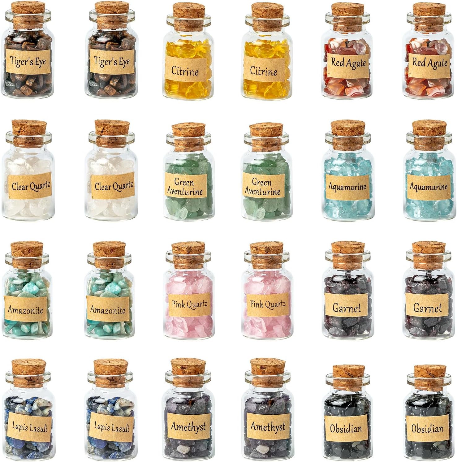 KHOCOEE 24 Gemstone Bottles Chip Crystals and Healing Stone, Chakra Healing Crystals Bottles, Wicca Gem Stones Set, Witchcraft Crystals