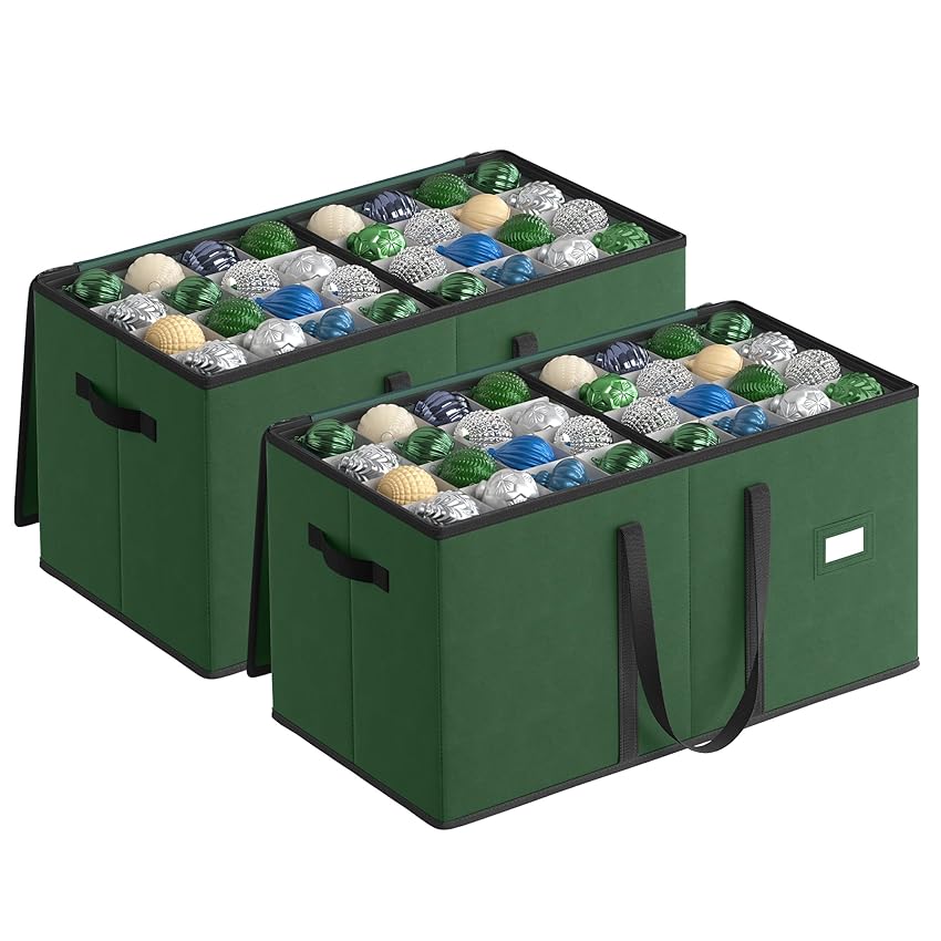 SONGMICS Contenitori per Palline di Natale, Set di 2, Scatole Decorazioni Natalizie, Coperchio e Doppia Cerniera, 16 Vassoi, Tessuto Oxford 600D, 256 Scomparti da 7,6 cm, Verde Foresta RFB043C01