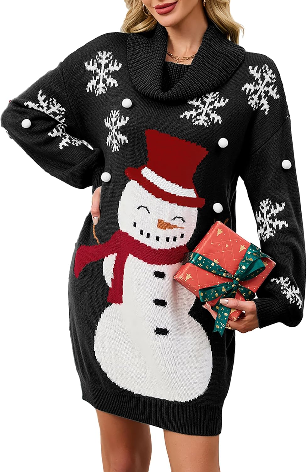 SunnyMelody Womens Christmas Funny Ugly Sweater Dress Winter 2025 Vacation Outfits Oversized Turtleneck Xmas Mini Dresses