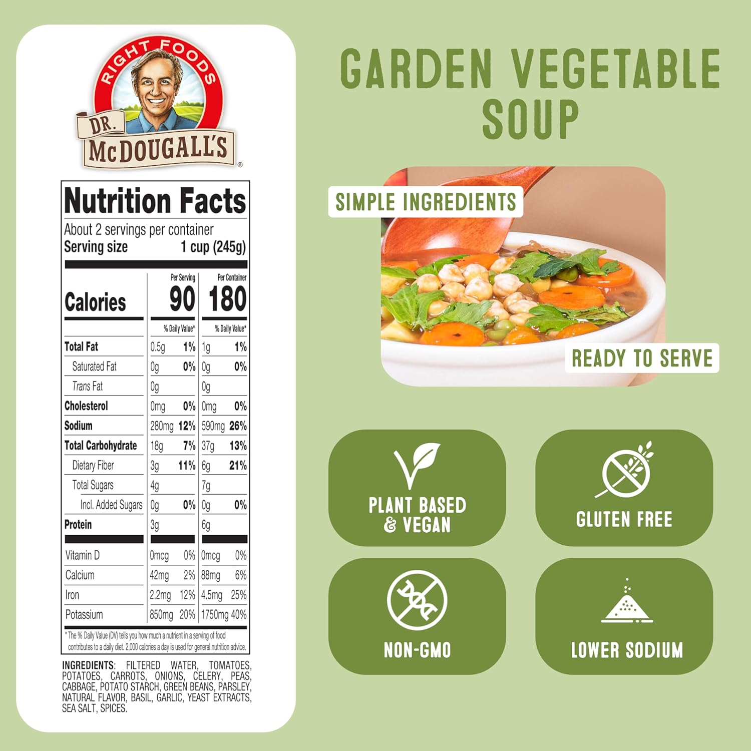Dr. McDougall's Right Foods Lower Sodium Garden Vegetable Soup, 17.9 Ounce (Pack of 6) Vegan, Gluten-Free, Non-GMO, No Added Oil, Paper Cartons From Certified Sustainably-Managed Forests