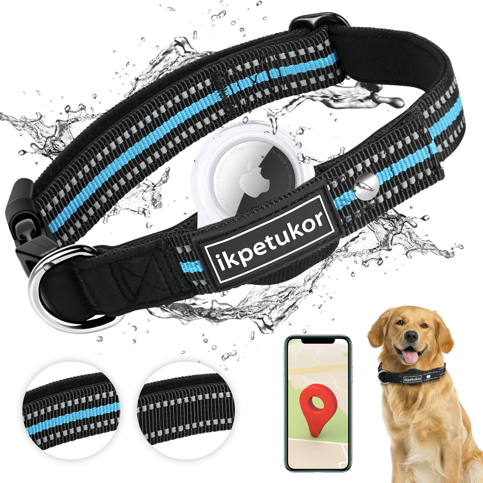Collier AirTag réfléchissant bleu L avec étui étanche IP68 pour grand chien