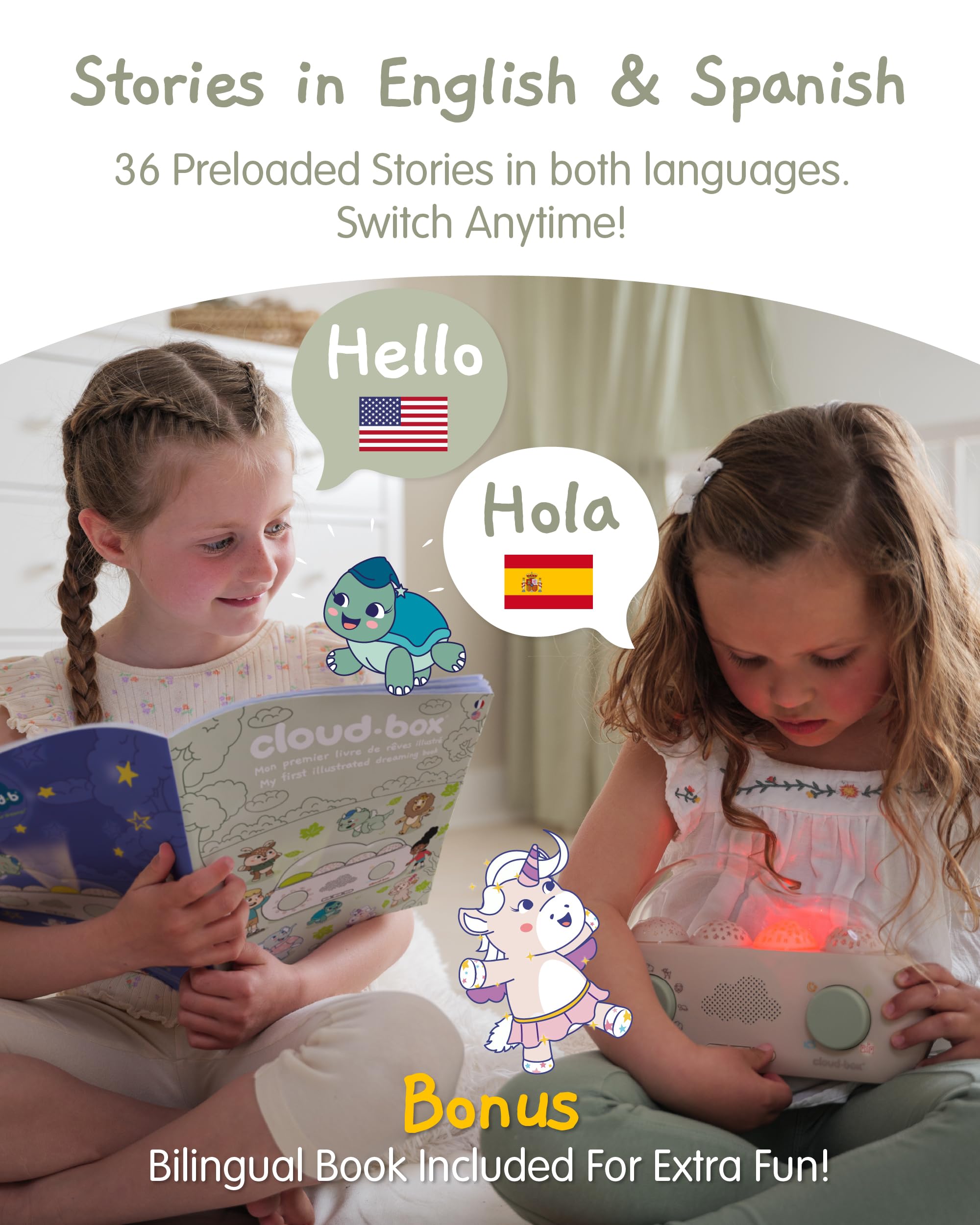 Cloud B CloudBox - Mi Primera Caja de sueños | Proyector Luz Nocturna y Cuentacuentos | 36 Cuentos Originales, 8 Melodías y 8 Ruidos Blancos | Recargable con Configuración Ajustable | Español/Inglés