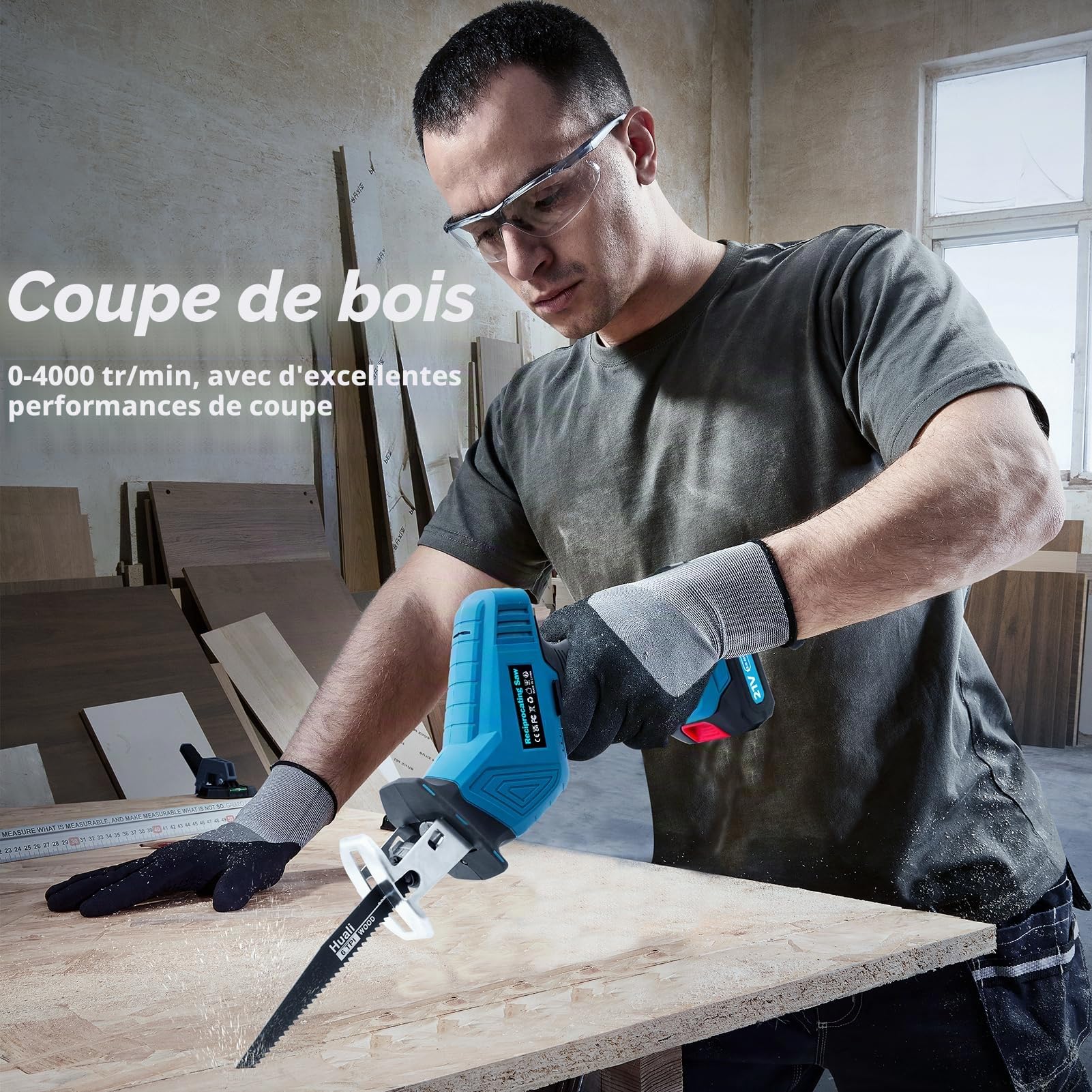 Scie sabre universelle à batterie de 0-4000 tr/min 21V sans fil | Scie réciproque avec éclairage LED et 2 batteries de 2000mAh Chargeur rapide 8 lames de scie pour bois métal PVC pour chantier