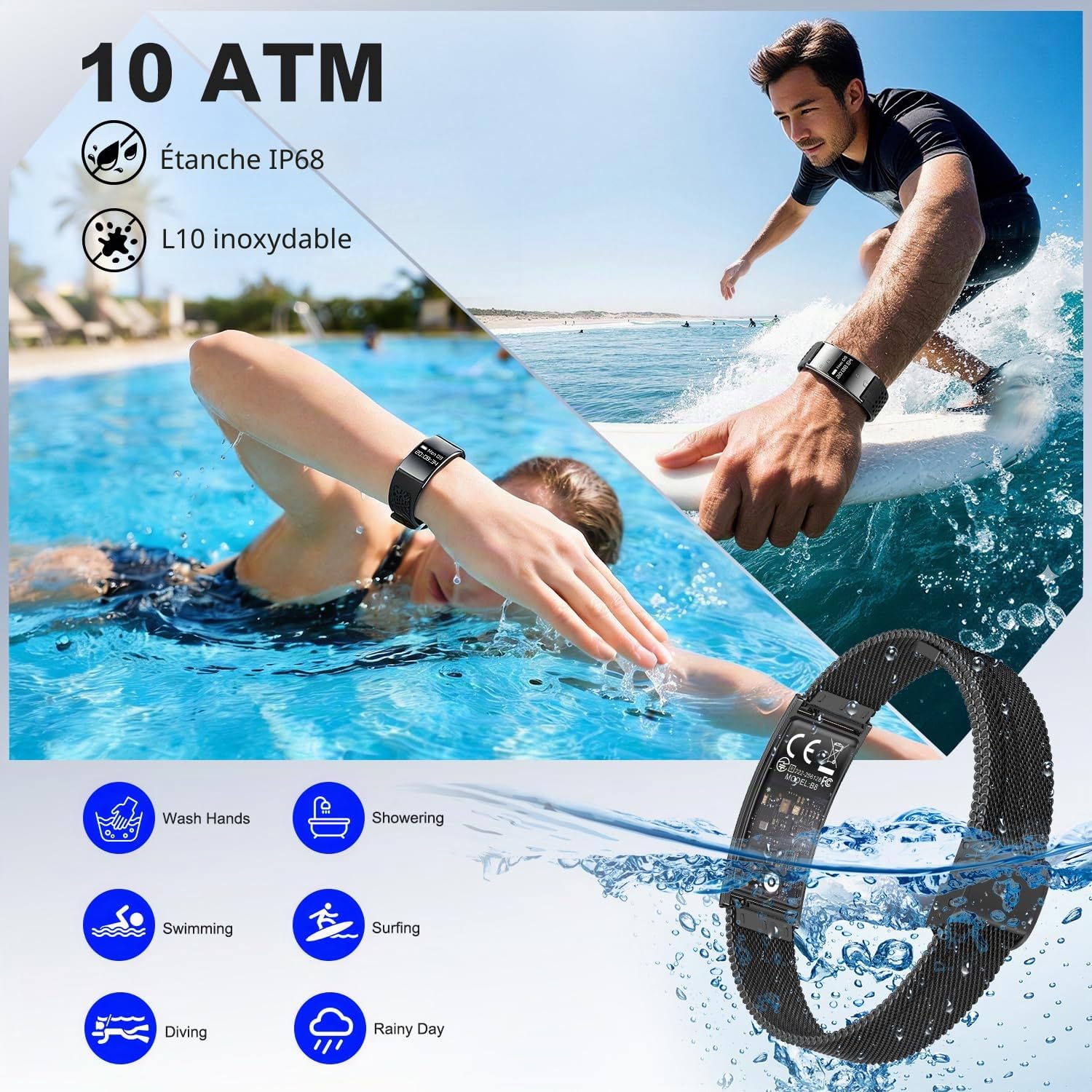 Bracelet Connecté Femme Homme, Montre Connectée de Surveillance de la Sante, Batteries Rechargeable, IP68, Suivi Sommeil & Cardio, SpO2, Bracelet d’activité Sport et Santé avec 20+ Modes