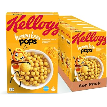 Kellogg's Honey BSSS Pops Breakfast Cereals (6 x 375 g) - Crunchy Cereal Pops with Sugars and Honey - No Artificial Colours a