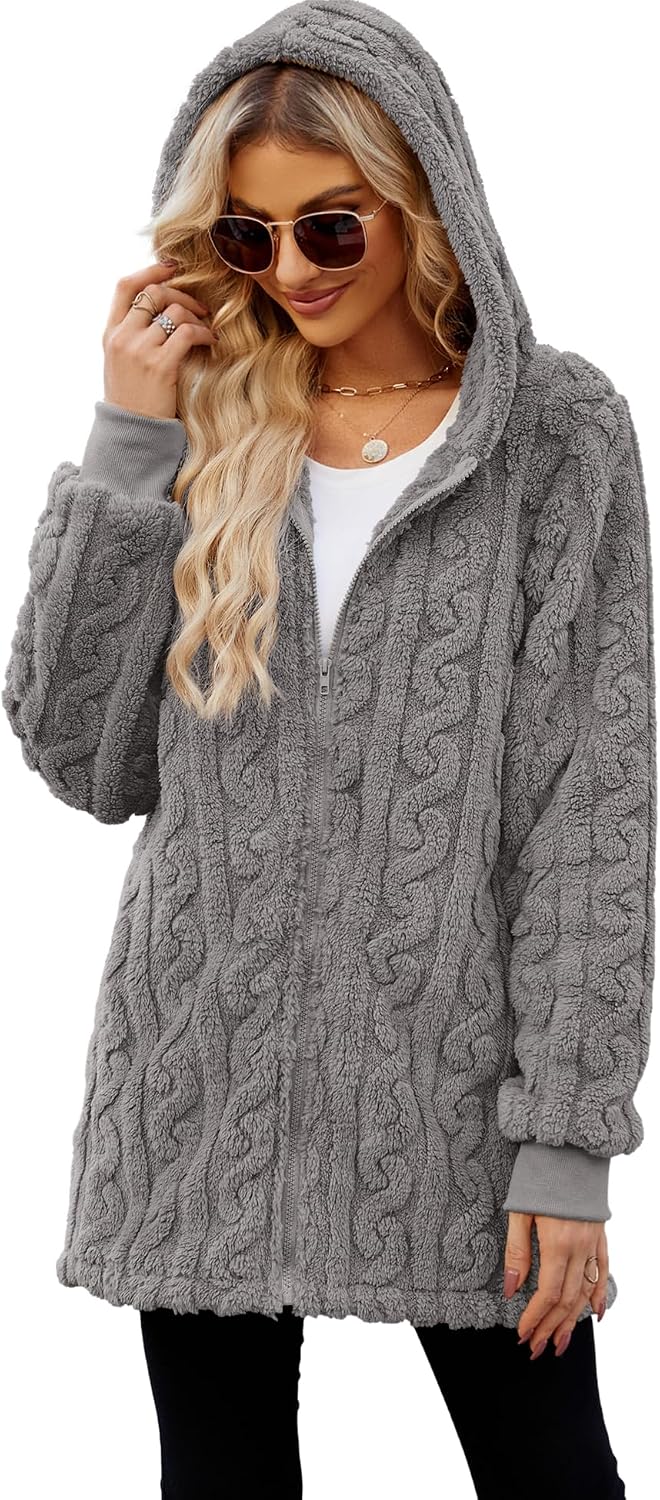 ReachMe Womens Fleece Zip Up Jacket with Pockets Oversized Long Sherpa Hoodie Fuzzy Jackets Warm Teddy Coat