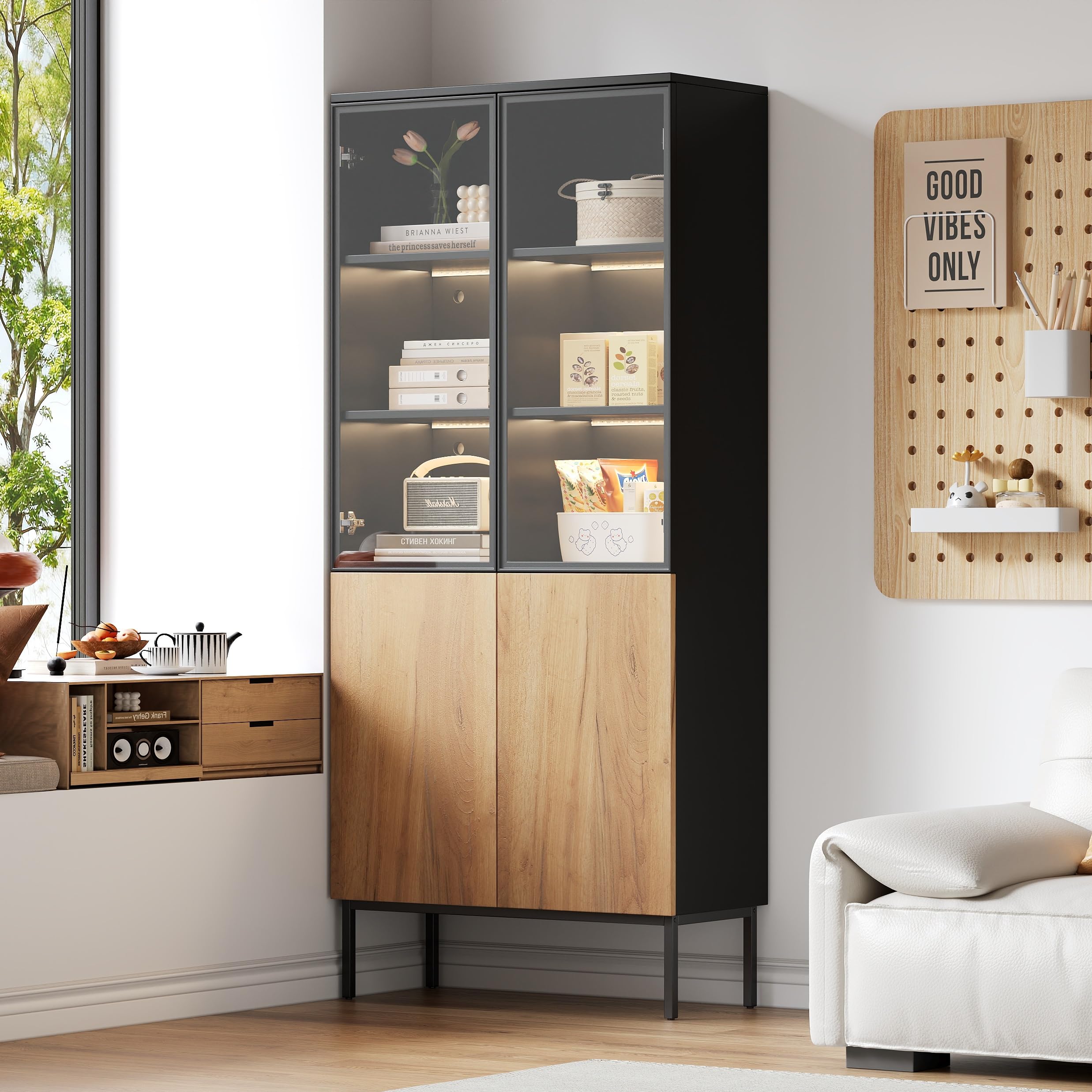 BTM Vitrine Glastüren, 180 cm hoher Schrank LED-Leuchten, Bücherregal, 5-stöckige Glasvitrine Sammlerstücke, Büro, Schwarz/Eiche