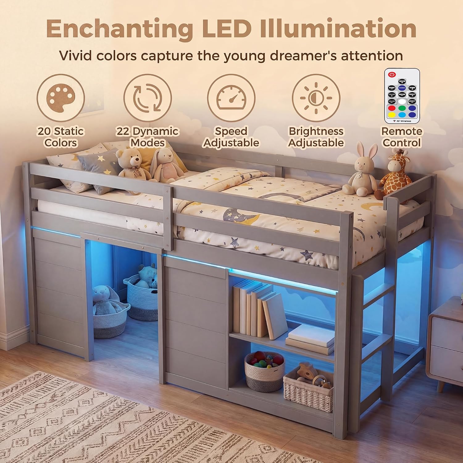 KOMFOTT Twin Low Loft Bed with LED lights illuminated in blue, showing the remote control and various lighting options.