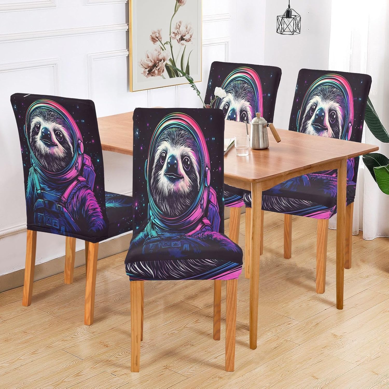 ALAZA Chair Covers for Dining Room, Sloth Astronaut Stretch Chair Cover Sets Chair Protector Removable Washable for Ktichen Restaurant Hotel