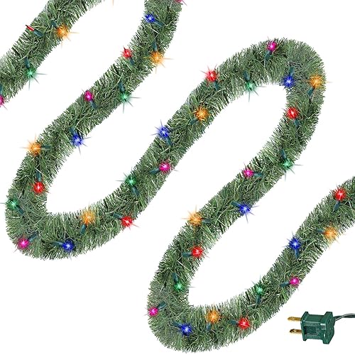 WATERGLIDE 49FT Lighted Christmas Green Garland with 100 Count Multicolor String Lights, Pre-lit Long Artificial Greenery Garlands, Plug in Holiday Decorative Lights for Indoor Outdoor Decor