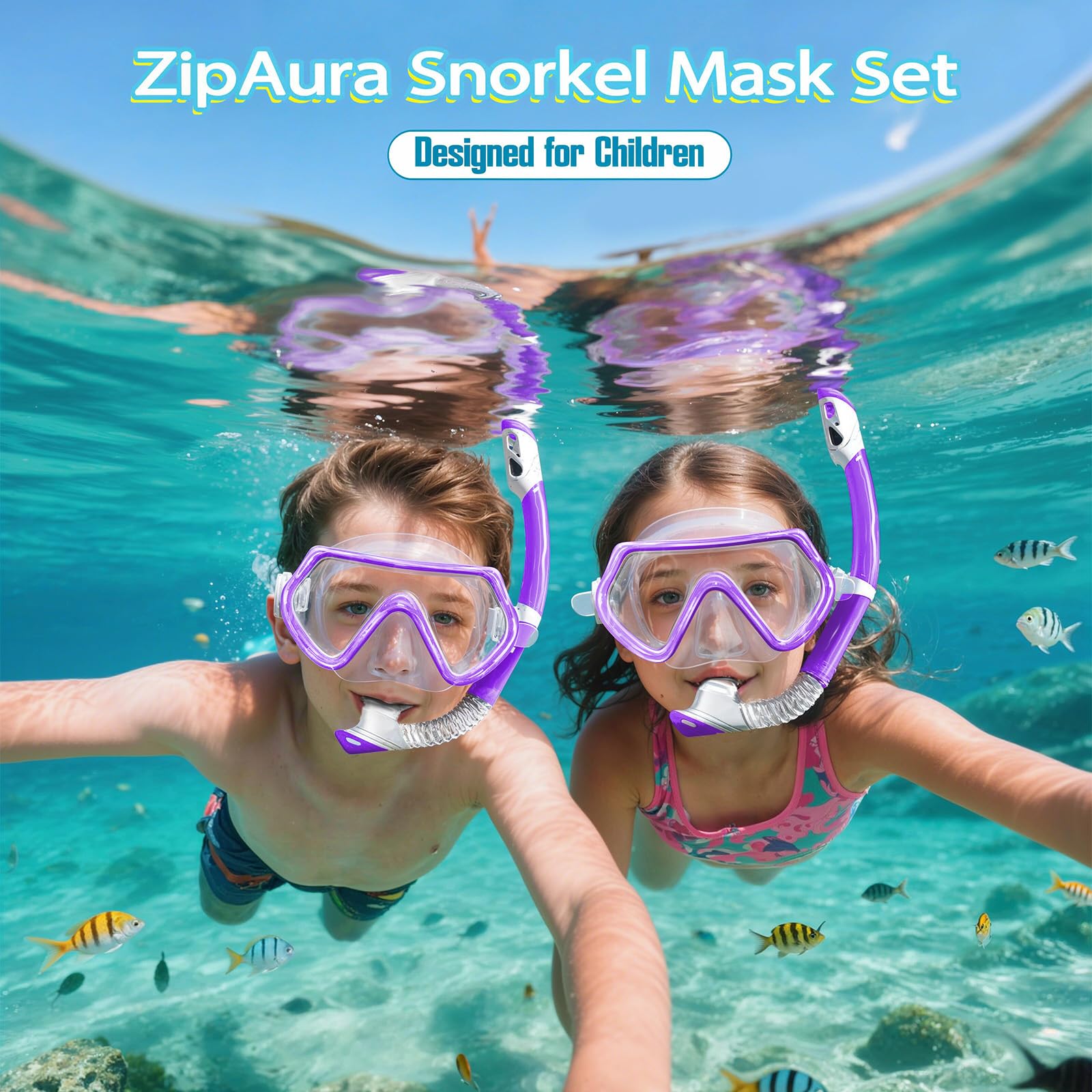 Set di snorkeling per bambini, occhiali da nuoto unisex per bambini, maschera anti-appannamento e boccaglio asciutto per bambini dai 3 ai 14 anni (viola)