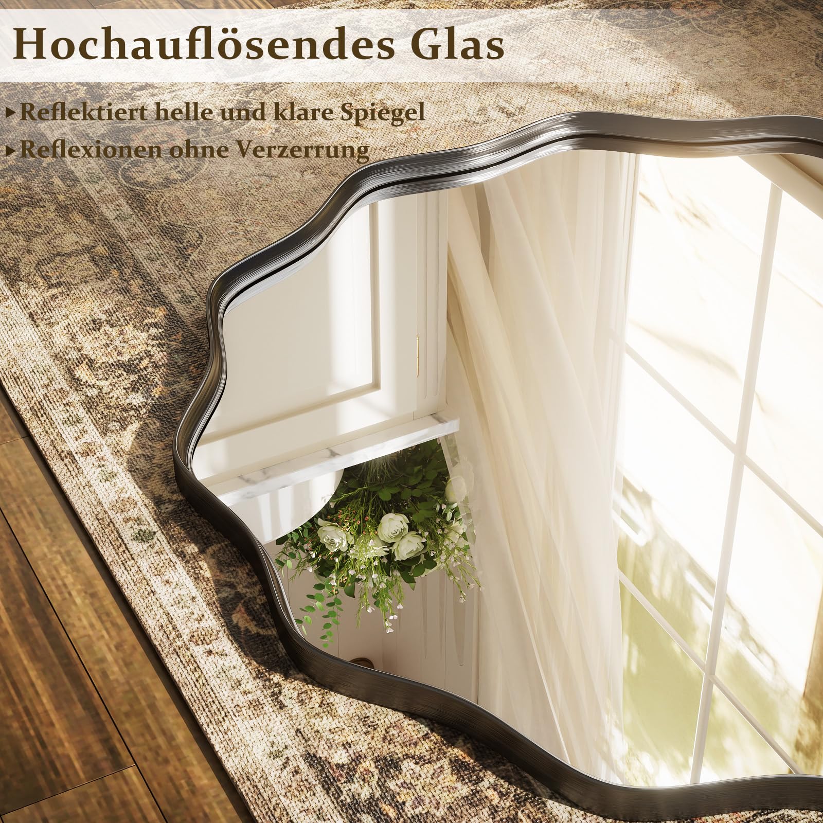 BEAUTYPEAK Runder Spiegel 76 cm, Wandspiegel mit Gewellter Kante, Aluminiumrahmen, Spiegel Rund zum Aufhängen und Anlehnen, Rund Wandspiegel für Schlafzimmer, Badezimmer, Flur Schwarz