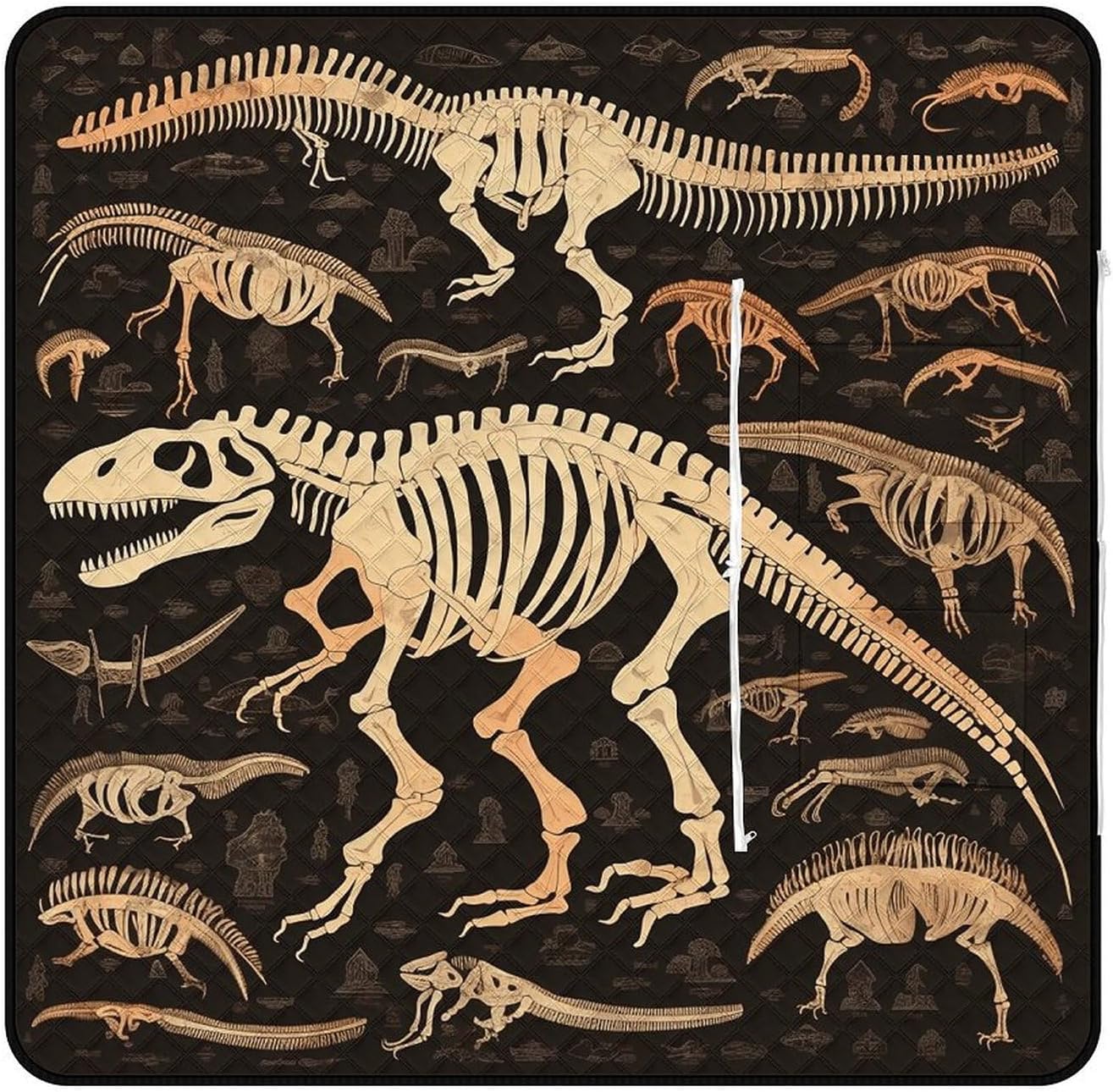 Dinosaur Skeleton Print Picnic Blanket with Zipper Water Resistant Sand Free Picnic Mat Washable Foldable Easy Carry Beach Blanket for Lawn Beach Hiking Camping