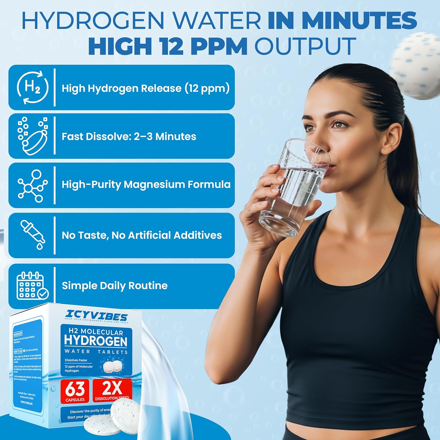Premium Mineral Hydrogen Water Tablets – 63 Count Molecular H2 Tablets (12 PPM) for Drinking Water with Magnesium