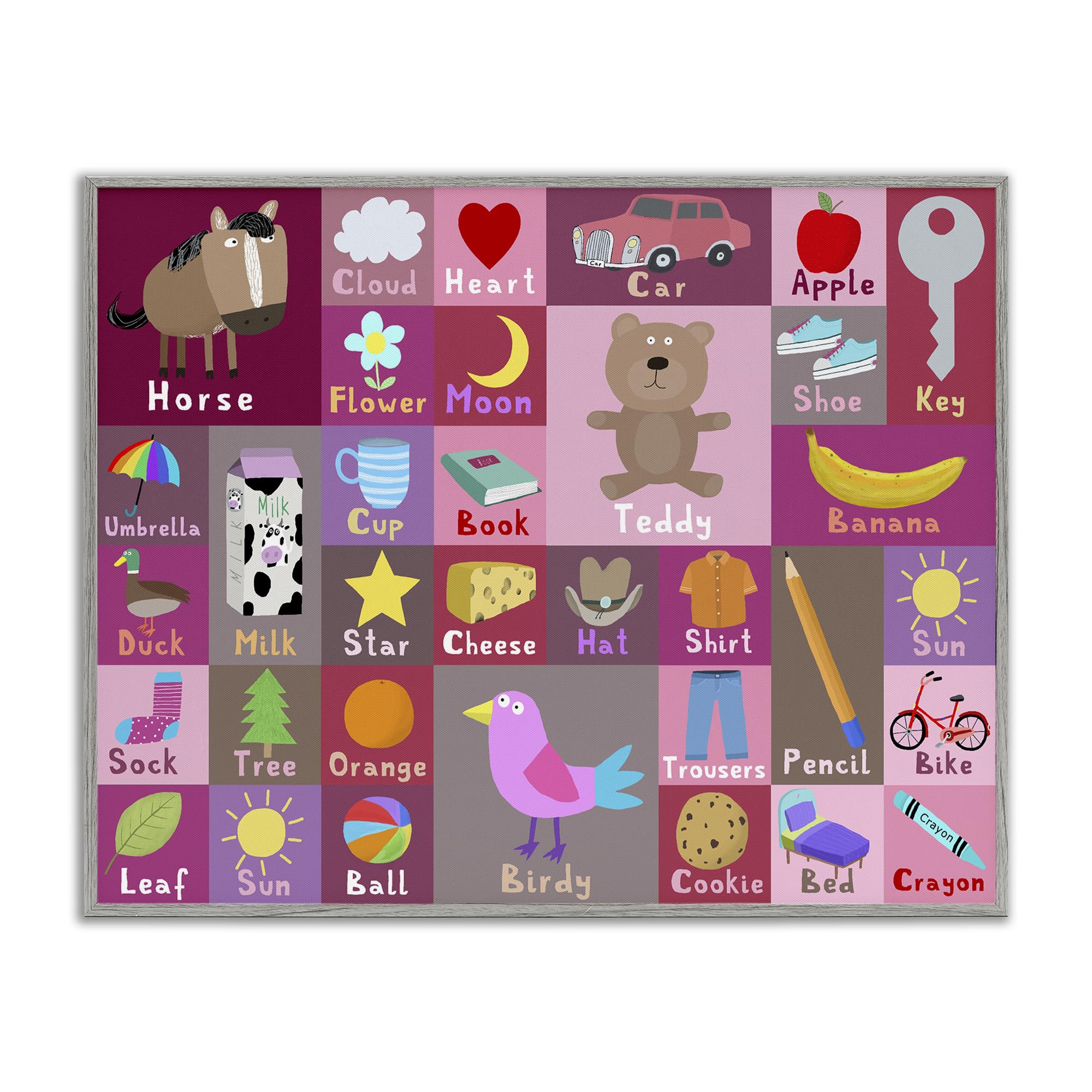 Stupell Industries Farmhouse Gray (Textured) 'Pink First Words'| Framed Giclee Art