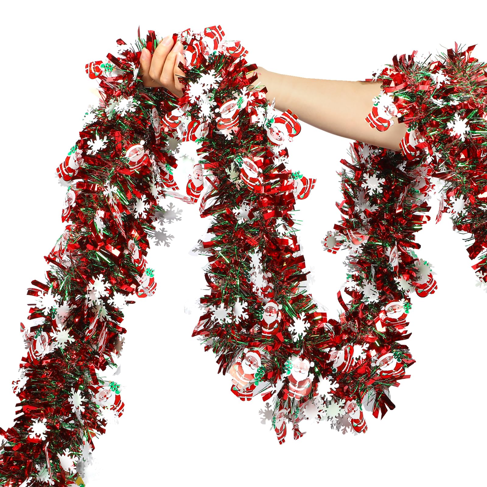50 Feet Red Green Christmas Metallic Tinsel Twist Hanging Garland with Snowflake Santa Claus for Home Mantle Xmas Tree Staircase Railing New Year Holiday Party Indoor Outdoor Decorations