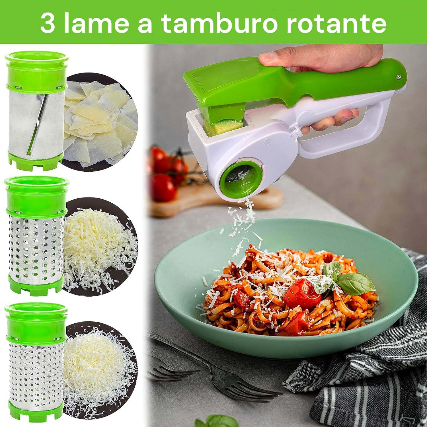 Avilia Grattugia Elettrica Cordless Multifunzione - 3 Rulli in Acciaio Frutta e Pane, Grane Diverse per Formaggi Duri e Morbidi, Corpo in Plastica, 12W, Giallo e Verde