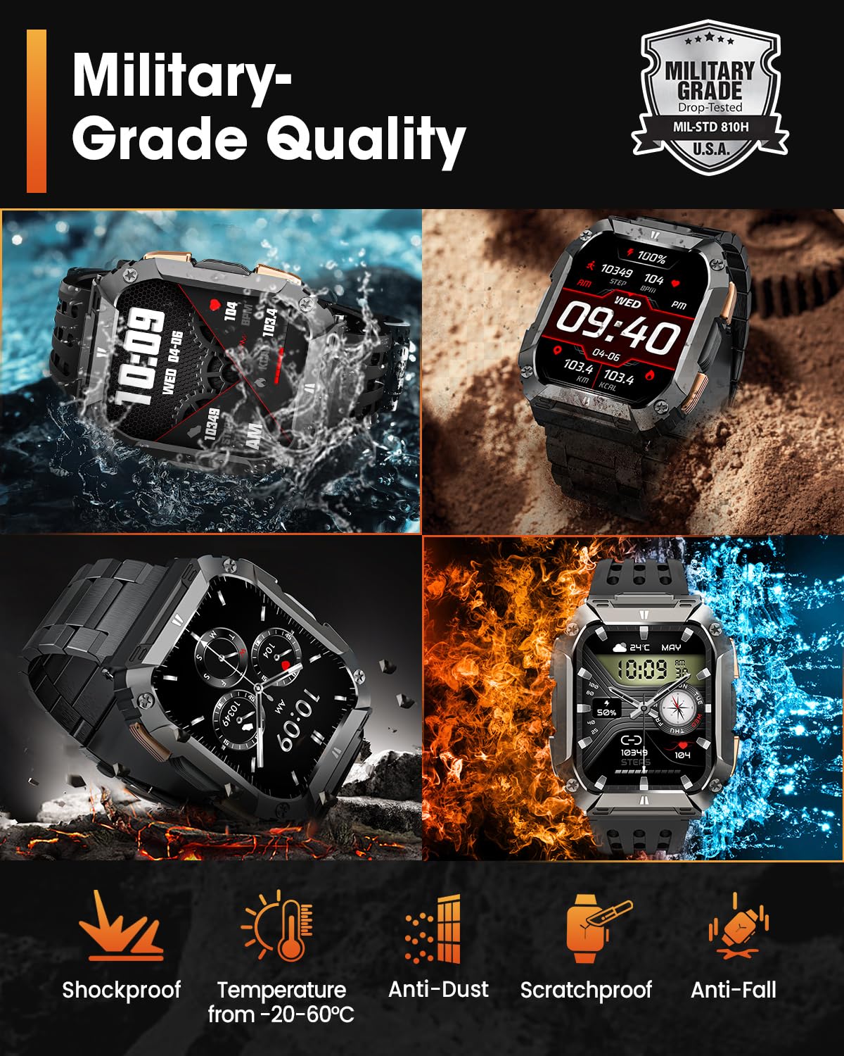 Smartwatch Uomo Militare con Torcia LED/1000mAh, 2.01" AMOLED Smartwatch con Chiamate, 113 Modalità Sportive, 5 ATM Impermeabile Orologio Fitness, Cardiofrequenzimetro/Sonno/SpO2 Android iOS