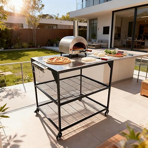 Vista 4 de Three-Shelf Movable Stainless Steel & Steel Outdoor Dining Cart Table Pizza Oven Protable Grill and Heavy Duty Grill Cart Outdoor Table