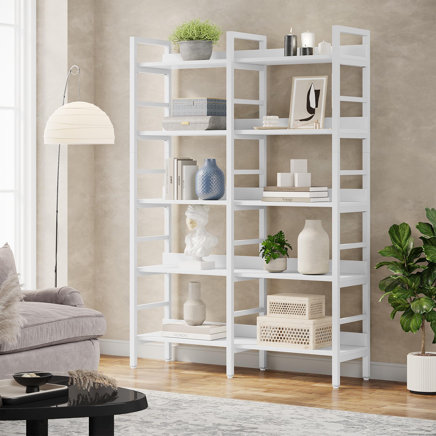 Tribesigns Estantería Industrial de 5 Niveles, 71"H x 47"W Estantería Étagère, Estantería de Libros Independiente Doble Ancha para Almacenamiento y Exhibición, Estanterías de Madera y Metal para Sala