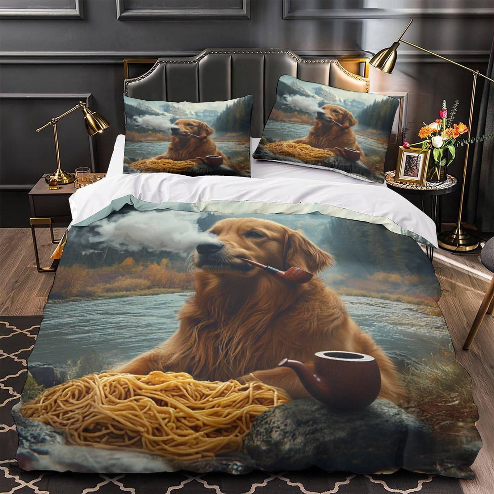Housse de couette Golden Dog 3D Super King 260x220 cm avec ses 2 taies d'oreiller