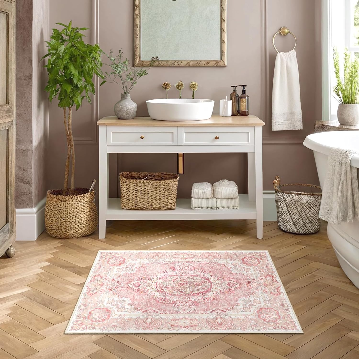 Boho Washable Area Rug 2x3 Small, Vintage Floral Low Pile Non Slip Rug for Entryway Bathroom Bedroom, Soft Farmhouse Decorative Carpet,Blush Pink