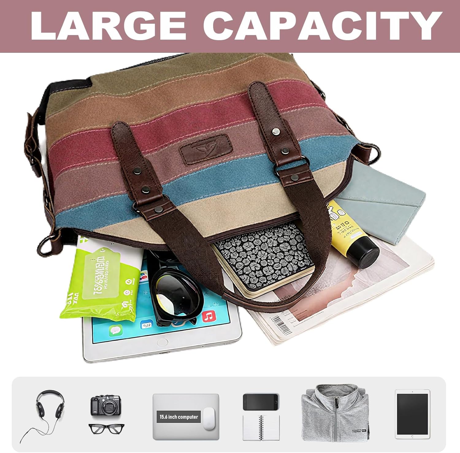 Canvas Messenger Bag, Multicolor Striped Pattern, Shoulder Crossbody Purse with Multiple Pockets, 14x8.7x6 Inches - Image 5