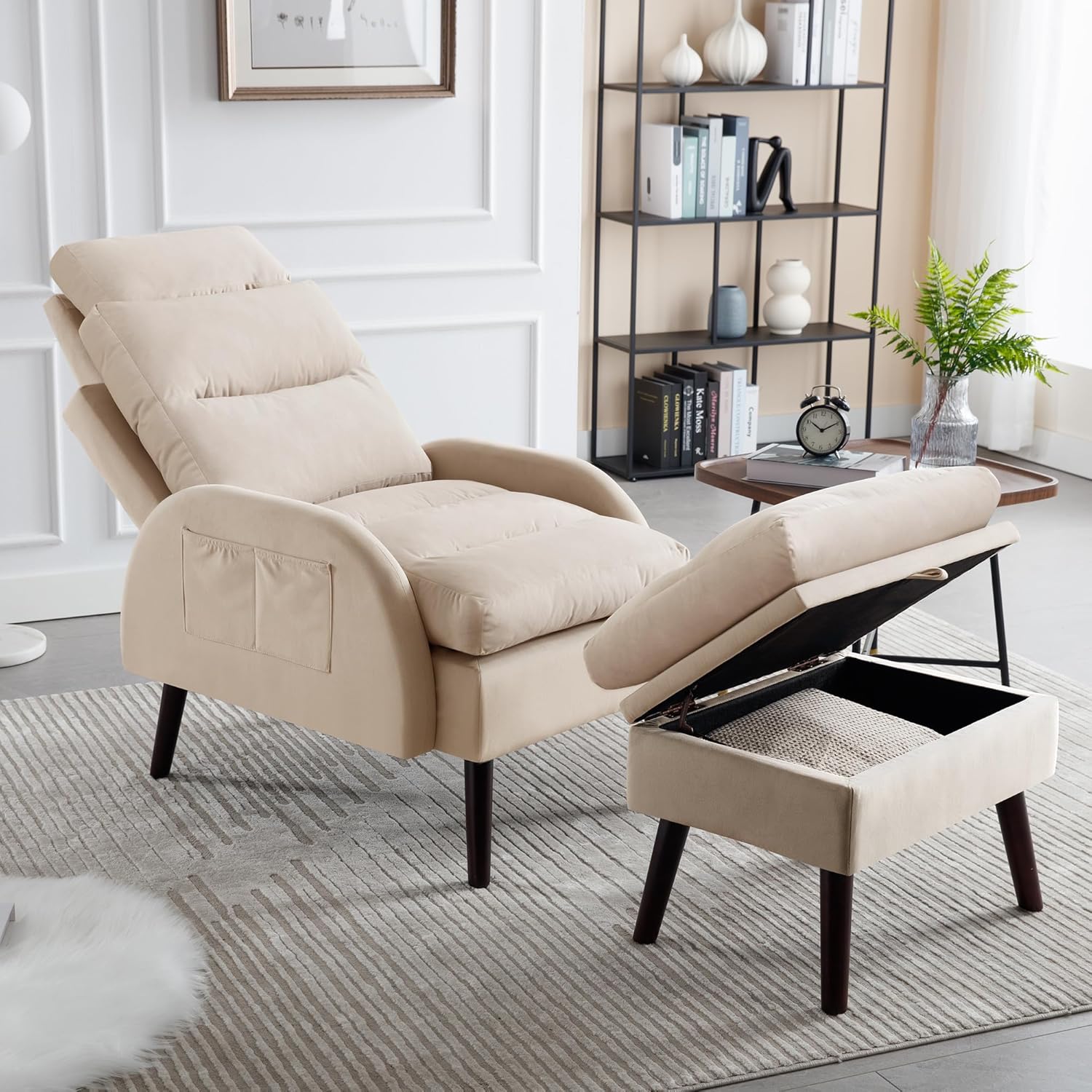 Accent Chair with Ottoman Set,Velvet Reclining Reading Armchair with Adjustable Backrest,Comfy Lounge Chair with Side Pocket for Living Room,Bedroom, Beige