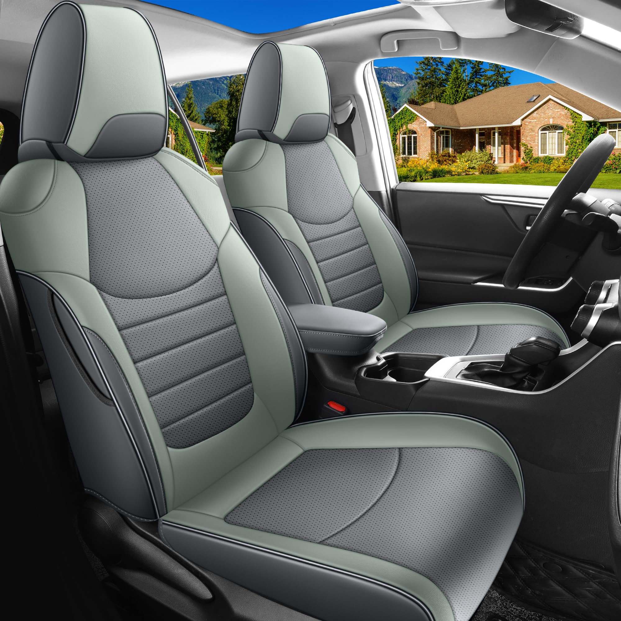 Car Seat Cover for 2019-2025 Toyota RAV4 Hybrid (Non Prime/Hybrid XSE,SE) Waterproof Nappa Leather Seat Cover Full Set(Gray+Green Hybrid)