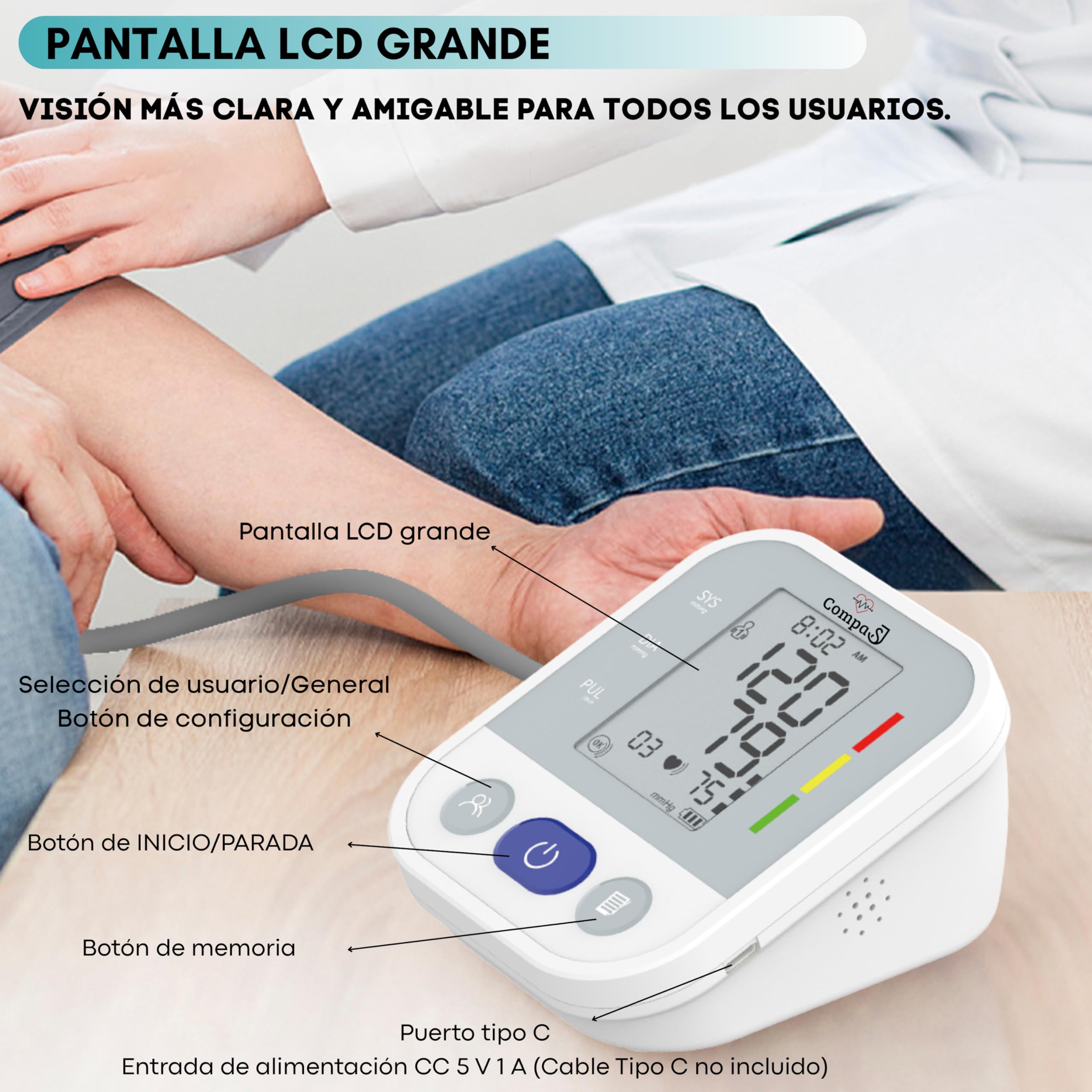 Tensiómetro de brazo Monitor de Presión Arterial Digital Detección de Arritmia, Medición Precisa, Memoria hasta 99 lecturas, Brazalete Ajustable 22-42cm, para Mayores Familias. Incluye Pilas
