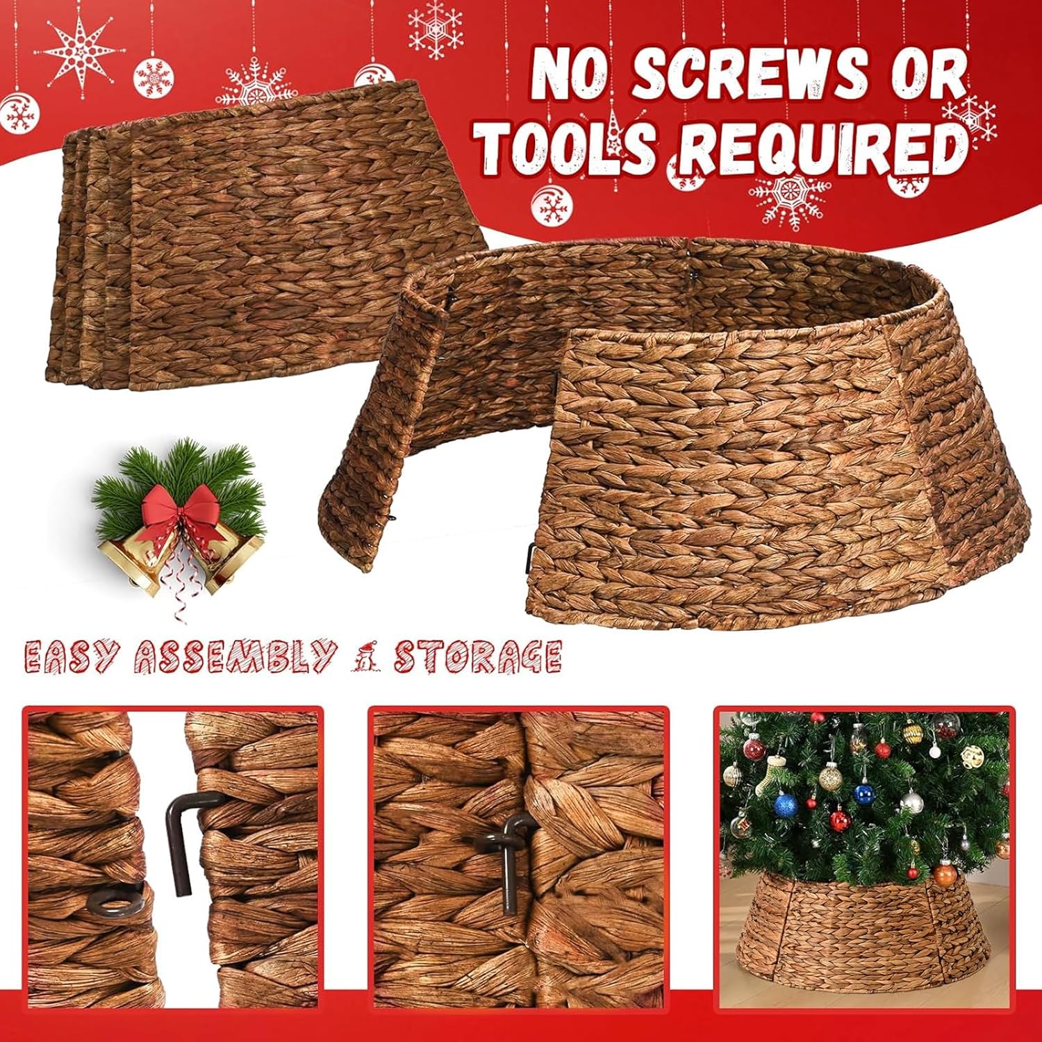 27in Christmas Tree Collar, Handcrafted Natural Woven Xmas Tree Skirt, Farmhouse Tree Base Cover for Artificial Christmas Tree Decoration(Chestnut Brown)