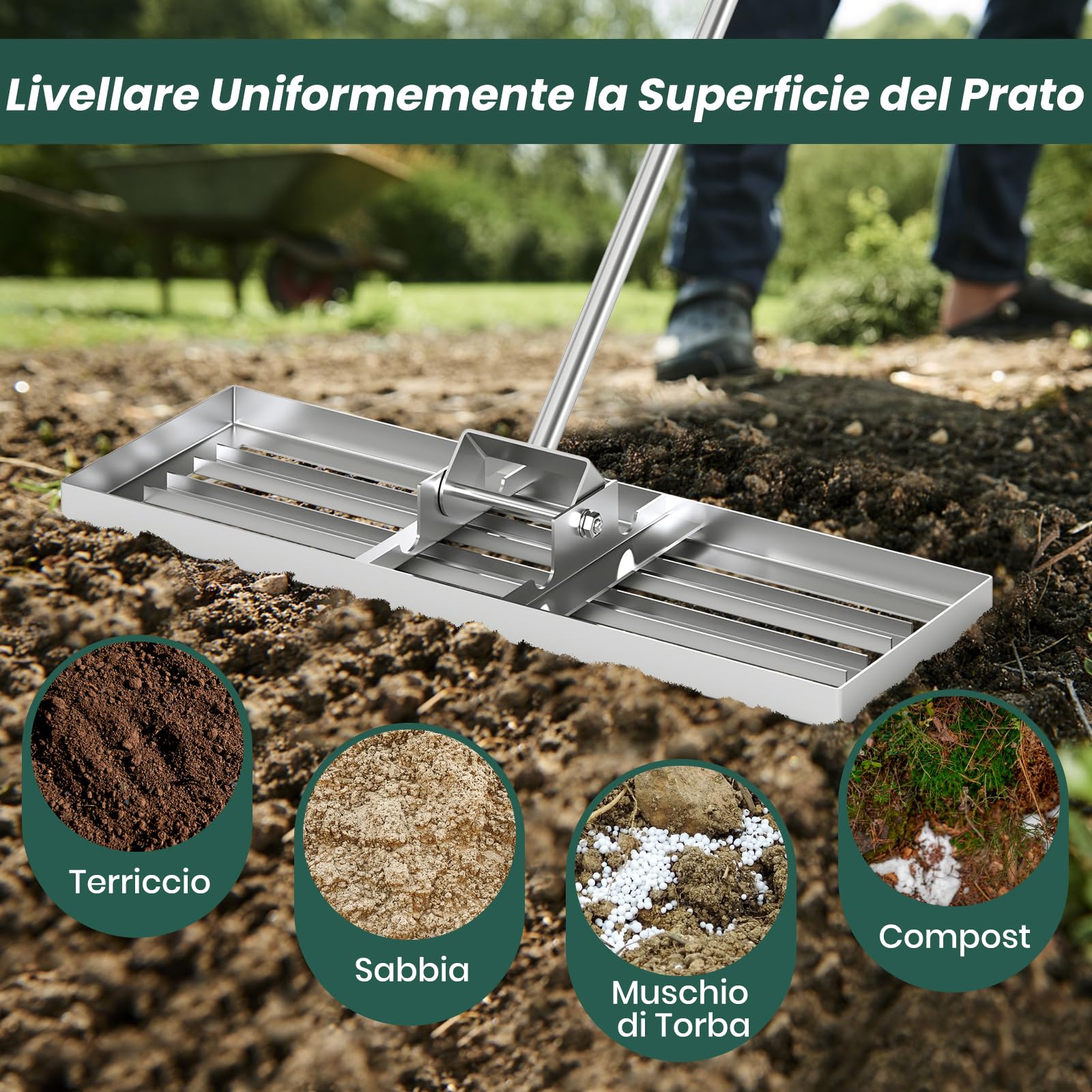 RELAX4LIFE Rastrillo Nivelador de Césped con Mangos Ergonómicos, Empuñaduras Antideslizantes y Cabezales Giratorios 180º para Nivelar y Compostar, Cepillo de Césped para Jardín (75x25cm, Plateado)