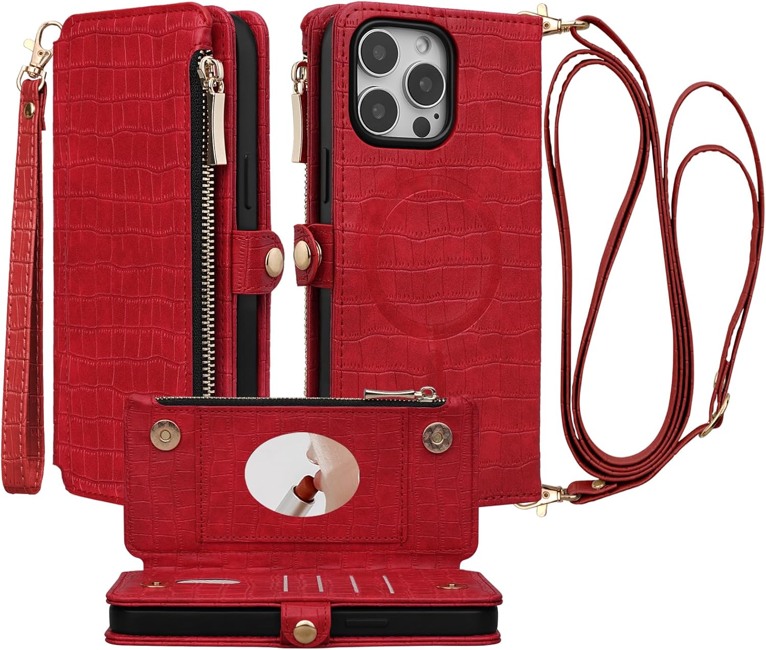Crossbody Wallet Case for iPhone 14 Pro Max with Mirror, Wrist Strap, Zipper Purse Magnetic Flip RFID Blocking Card Holder, Wireless Charging, PU Leather Shockproof 6.7" Women (Red)