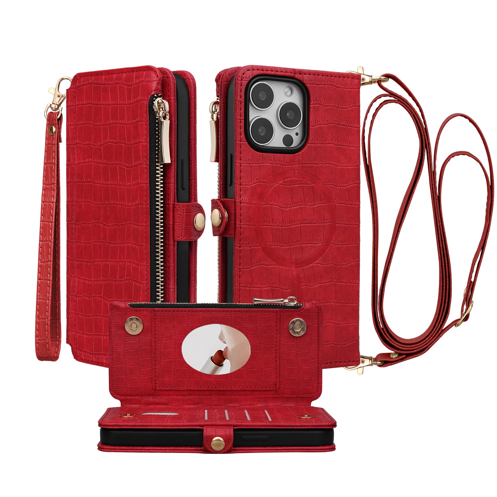 Stylivolve Crossbody Wallet Case for iPhone 14 Pro Max with Mirror, Wrist Strap, Zipper Purse Magnetic Flip RFID Blocking Card Holder, Wireless