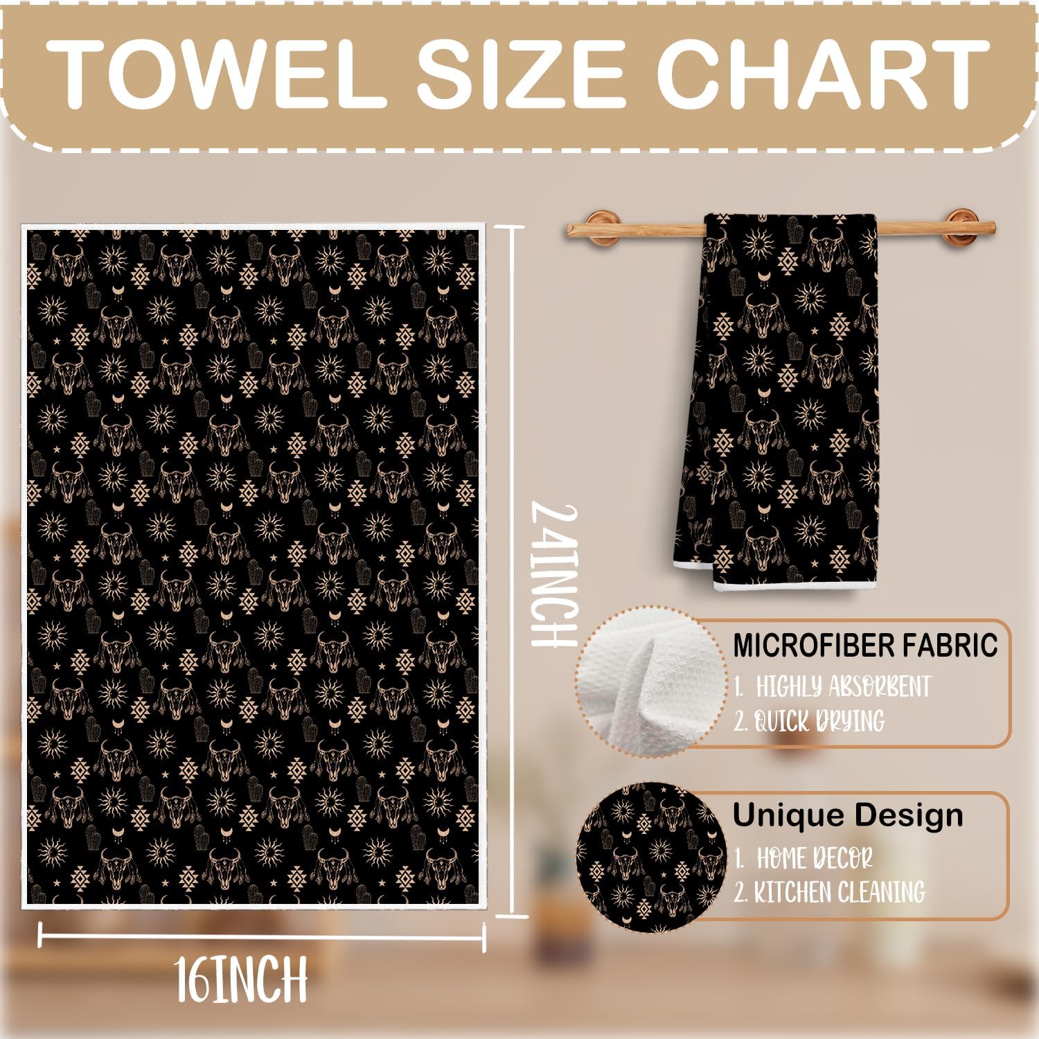 Boho Western Aztec Kitchen Towels, Black and Beige Western Dish Tea Towels, Southwestern Bull Skull Cactus Sun and Moon Decorative Hand Towels for Kitchen Bathroom, 16x24 Inch - Image 2